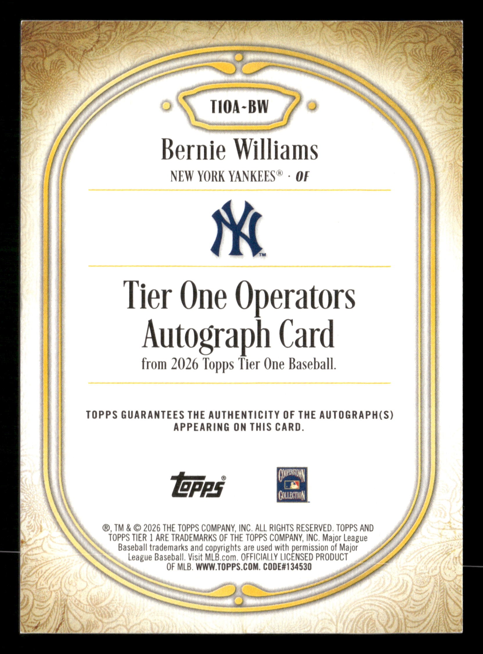 2026 Tier One #T1OA-BW Bernie Williams Tier One Operators Autographs #/99