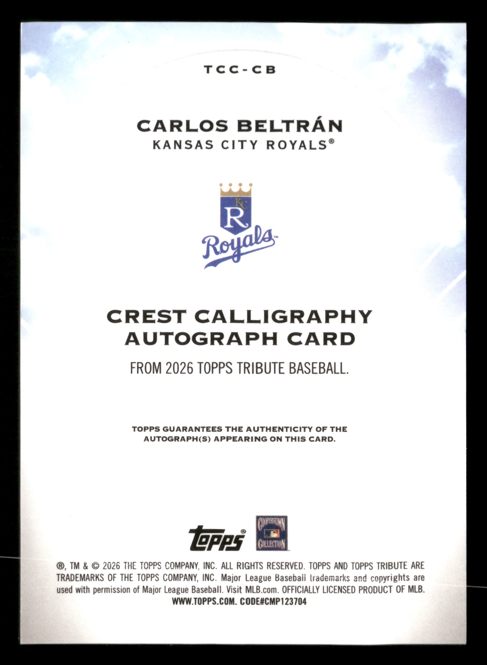 2026 Topps Tribute #TCC-CB Carlos Beltran Crest Calligraphy Purple #/75