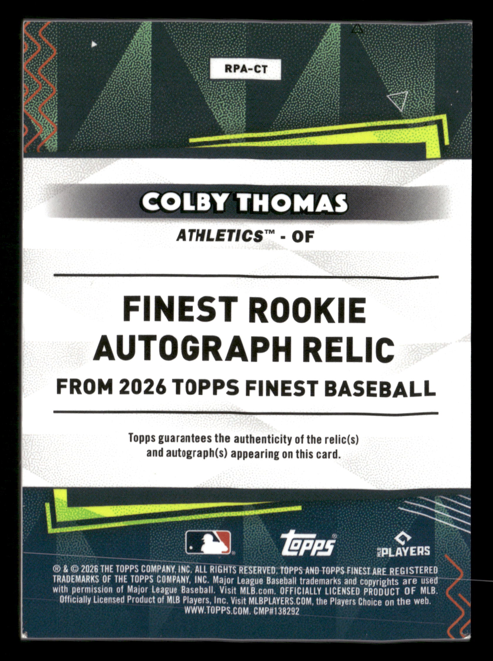 2026 Finest #RPA-CT Colby Thomas Finest Rookie Autograph Relic