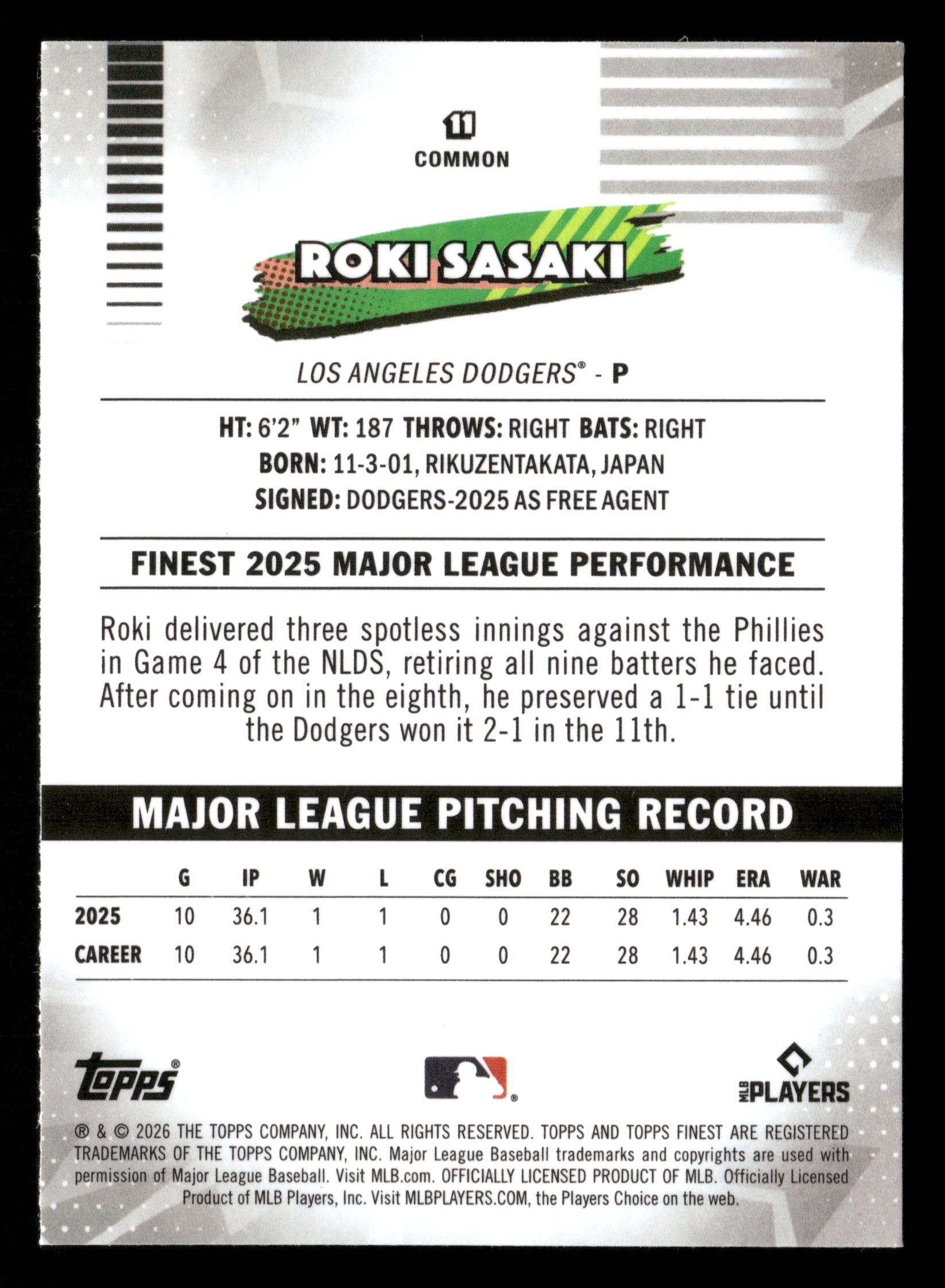 2026 Finest #11 Roki Sasaki Pink Mini-Diamond Refractors #/250