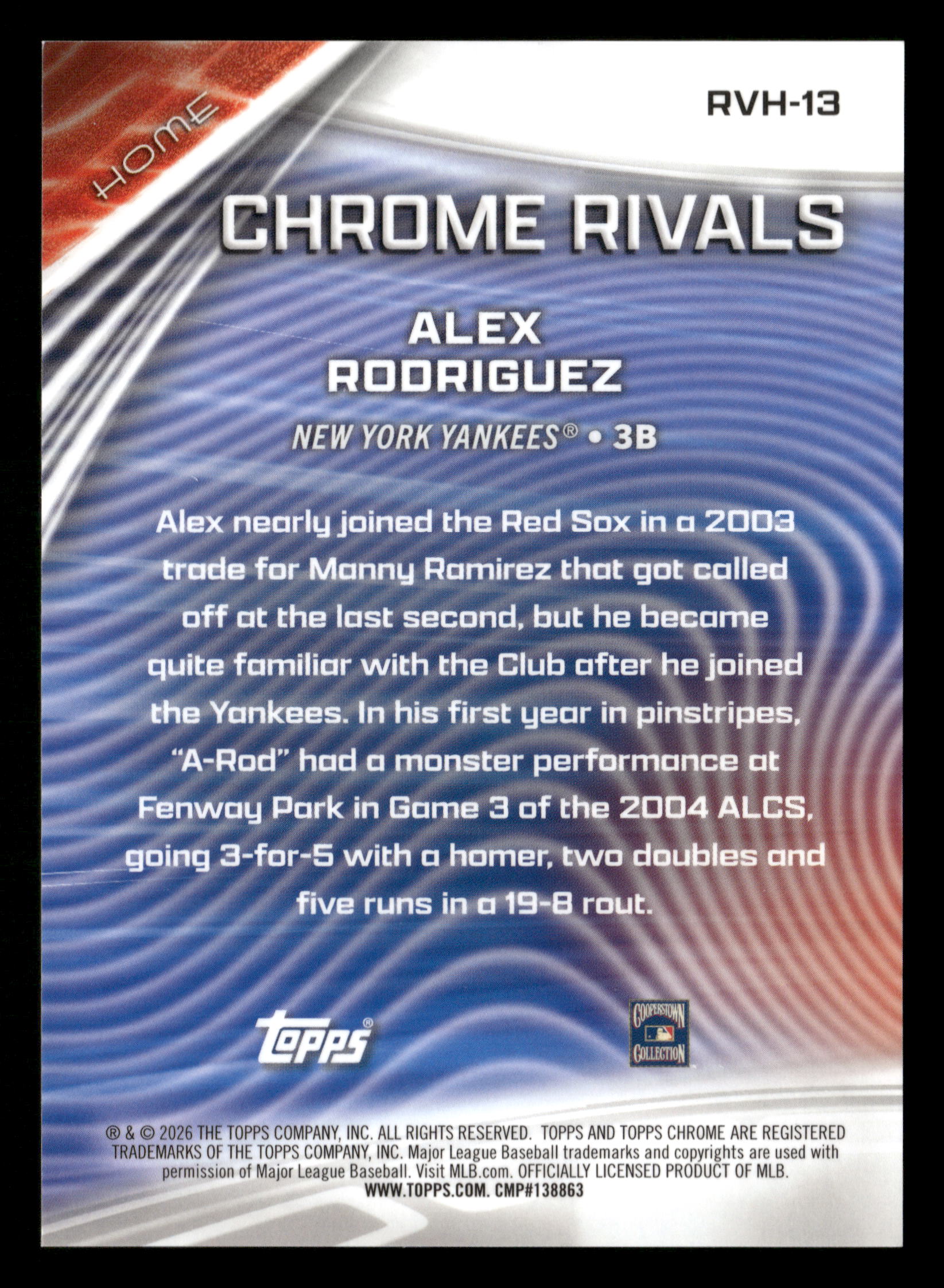 2026 Topps Chrome #RVH-13 Alex Rodriguez Chrome Rivals Home Gold Refractors #/50