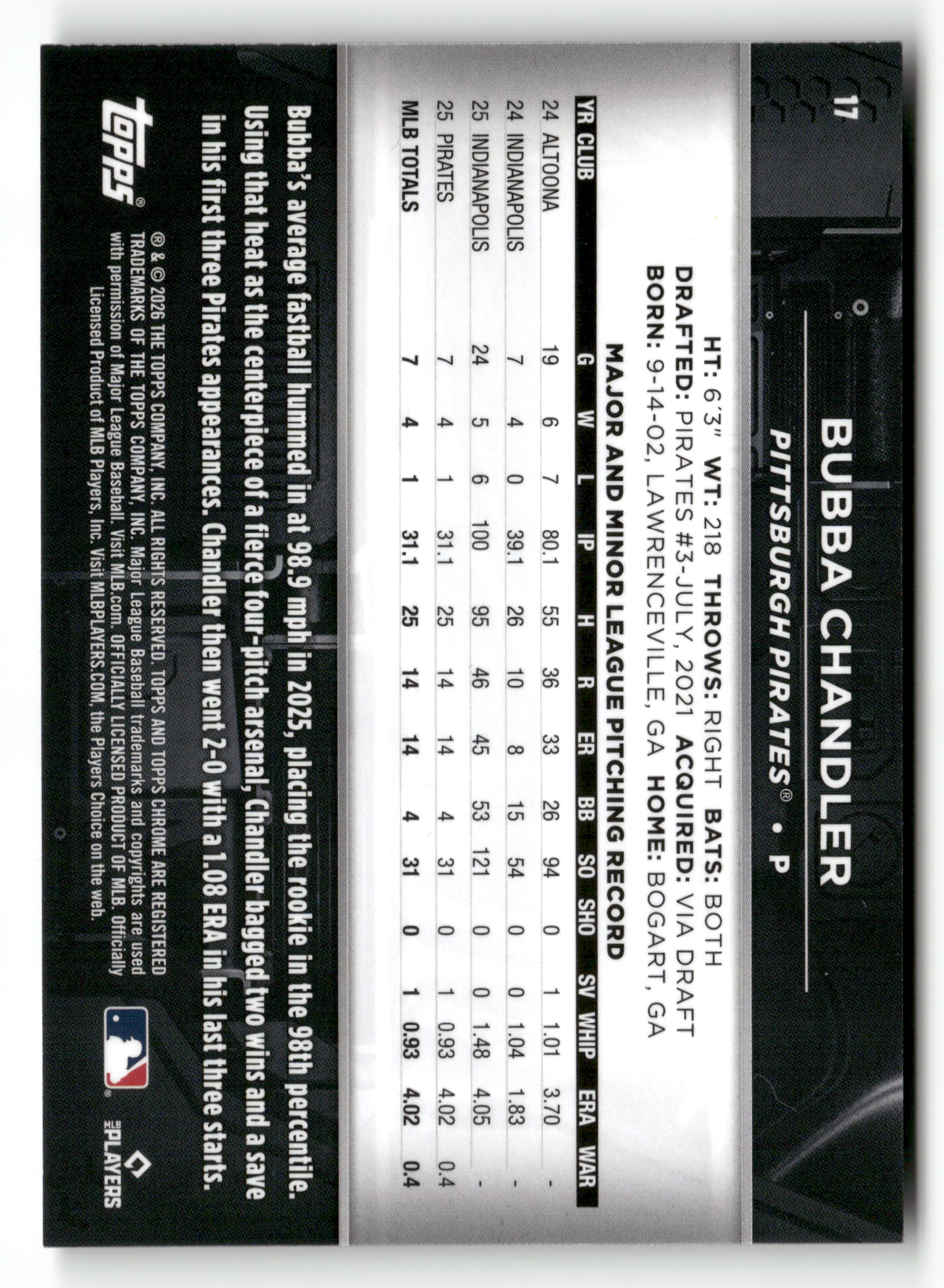 2026 Topps Chrome Black #17 Bubba Chandler Purple Refractors #/75