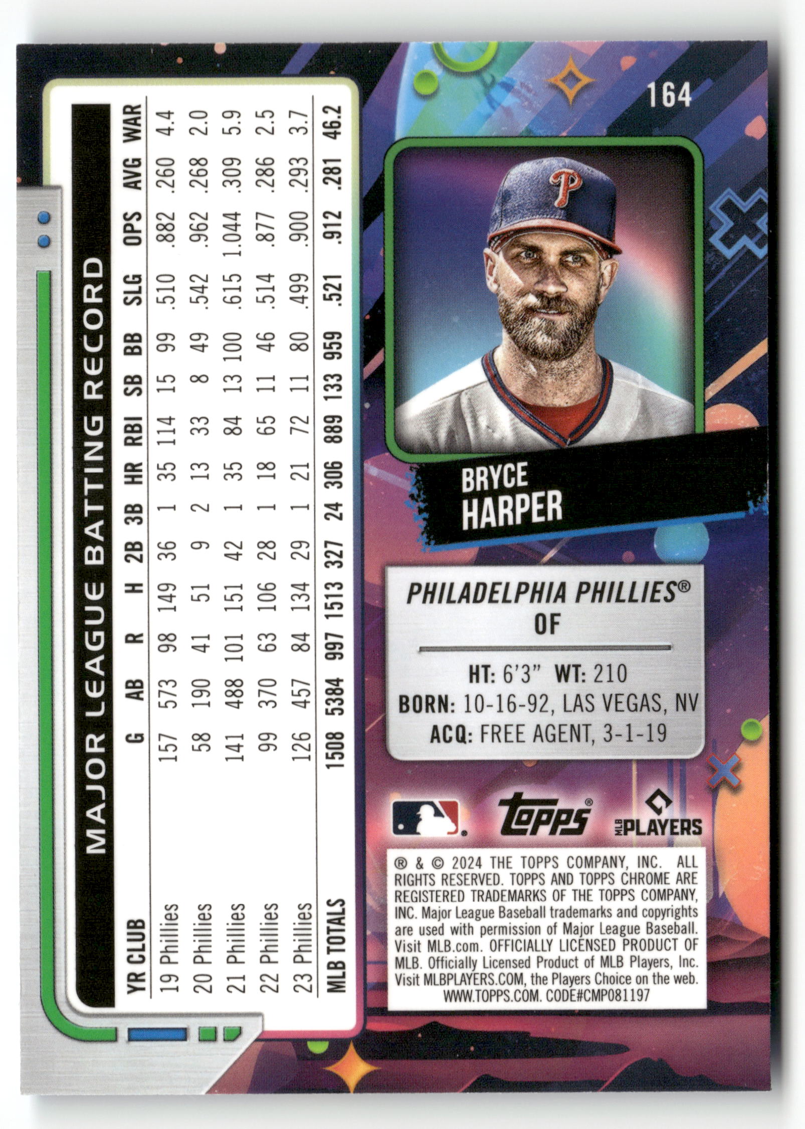 2024 Topps Chrome Cosmic #164 Bryce Harper Blue Moon Refractors #/99