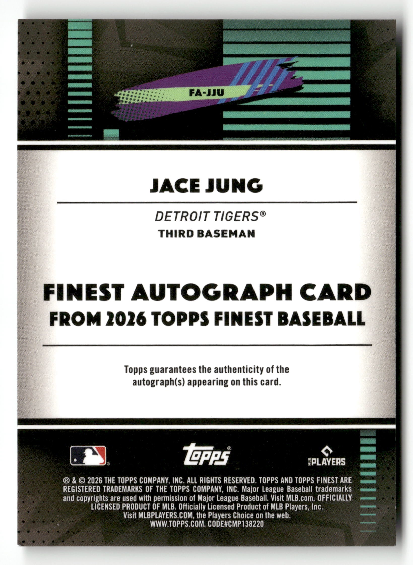 2026 Finest #FA-JJU Jace Jung Finest Autographs Green Refractors #/99
