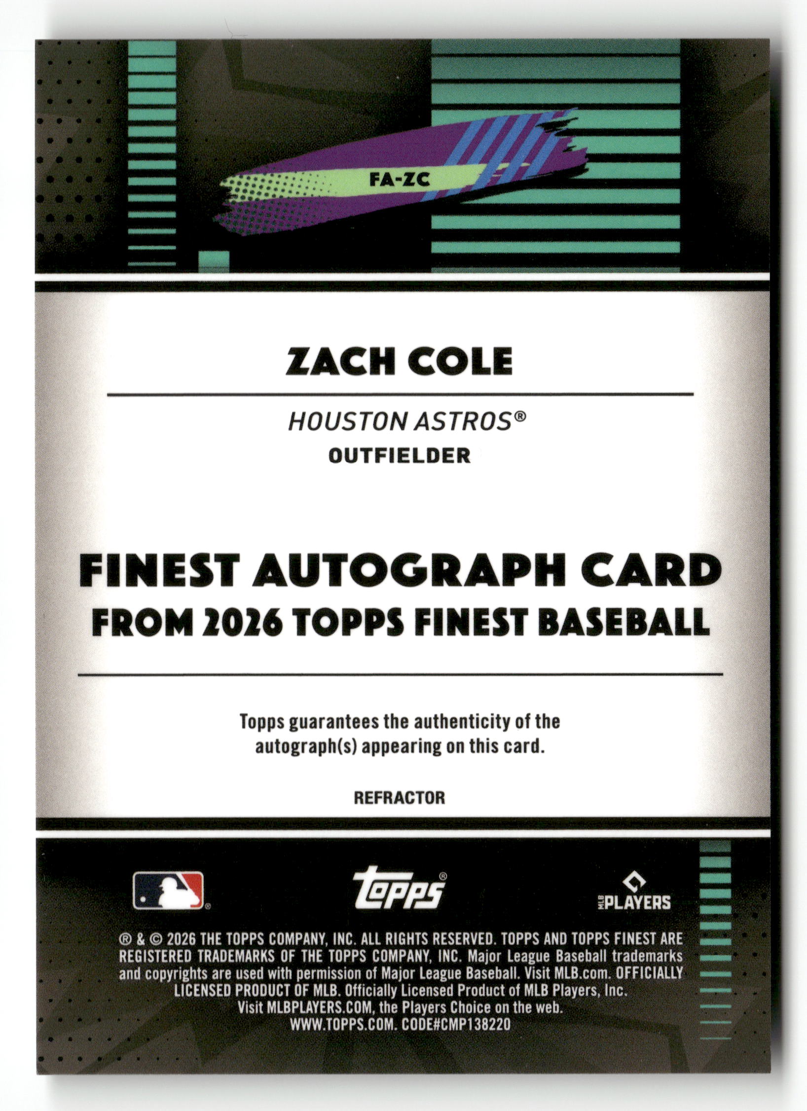 2026 Finest #FA-ZC Zach Cole Finest Autographs Refractors