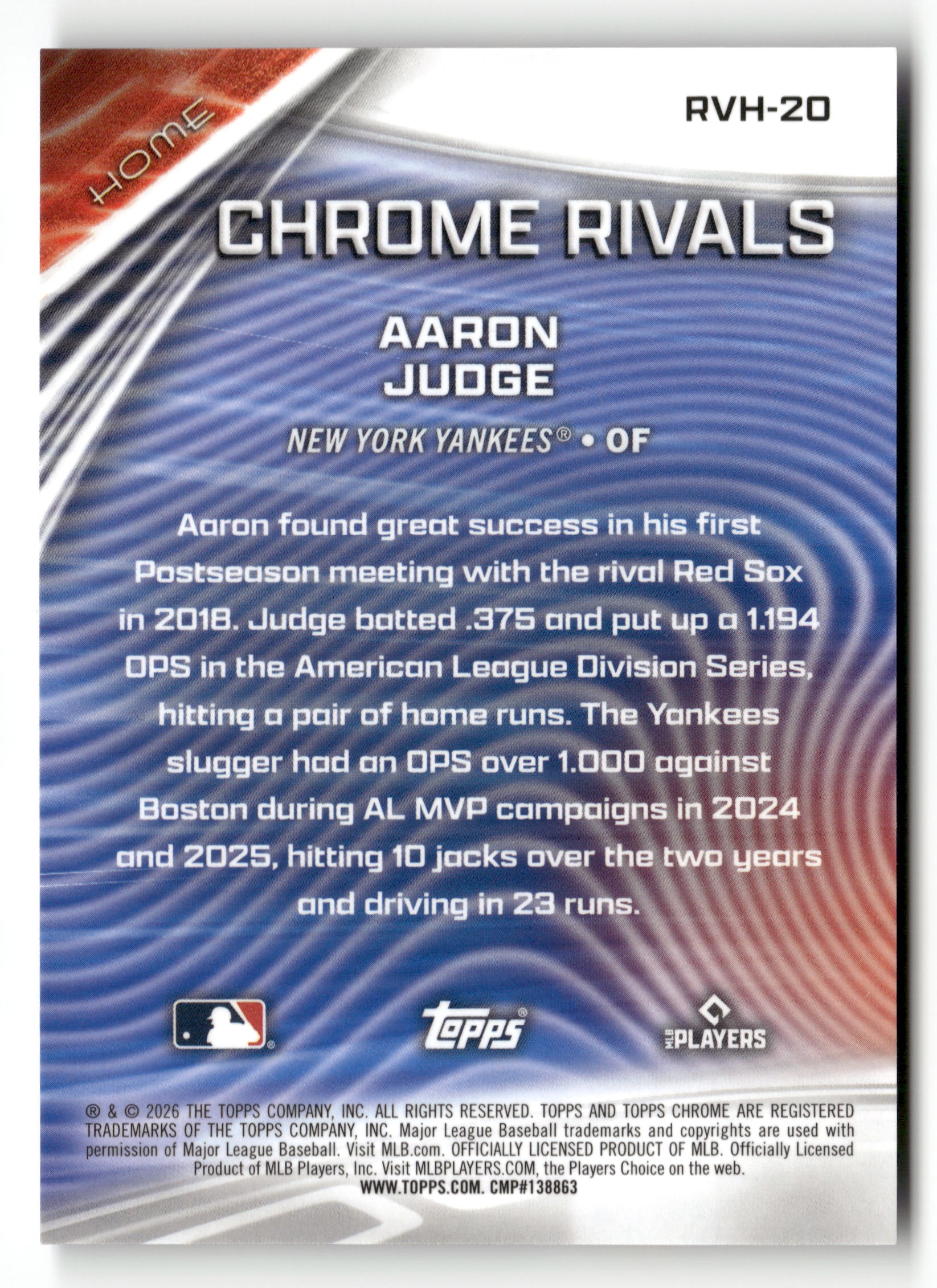 2026 Topps Chrome #RVH-20 Aaron Judge Chrome Rivals Home Purple Refractors #/75