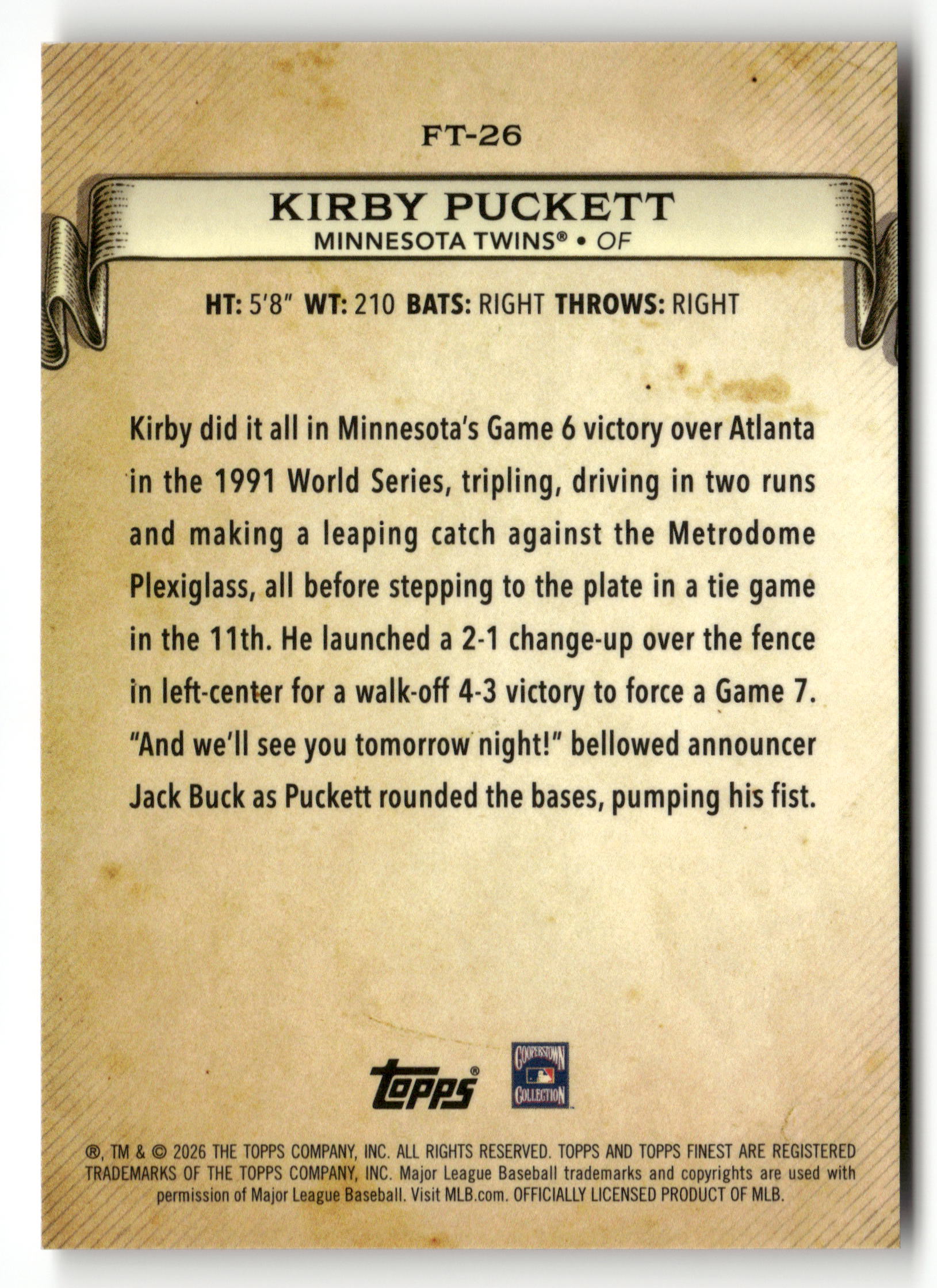 2026 Finest #FT-26 Kirby Puckett Finest Timelines Orange Refractors #/25