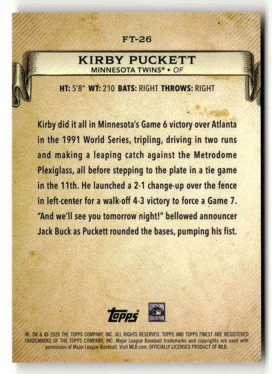 2026 Finest #FT-26 Kirby Puckett Finest Timelines Orange Refractors #/25