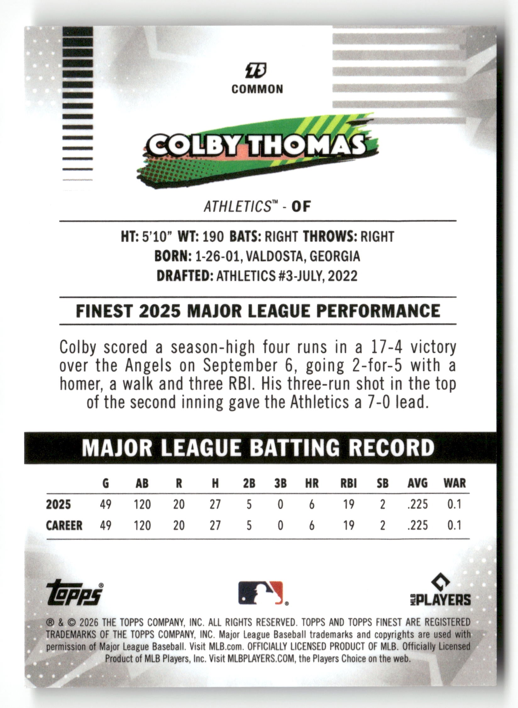 2026 Finest #75 Colby Thomas White X-Fractors #/30