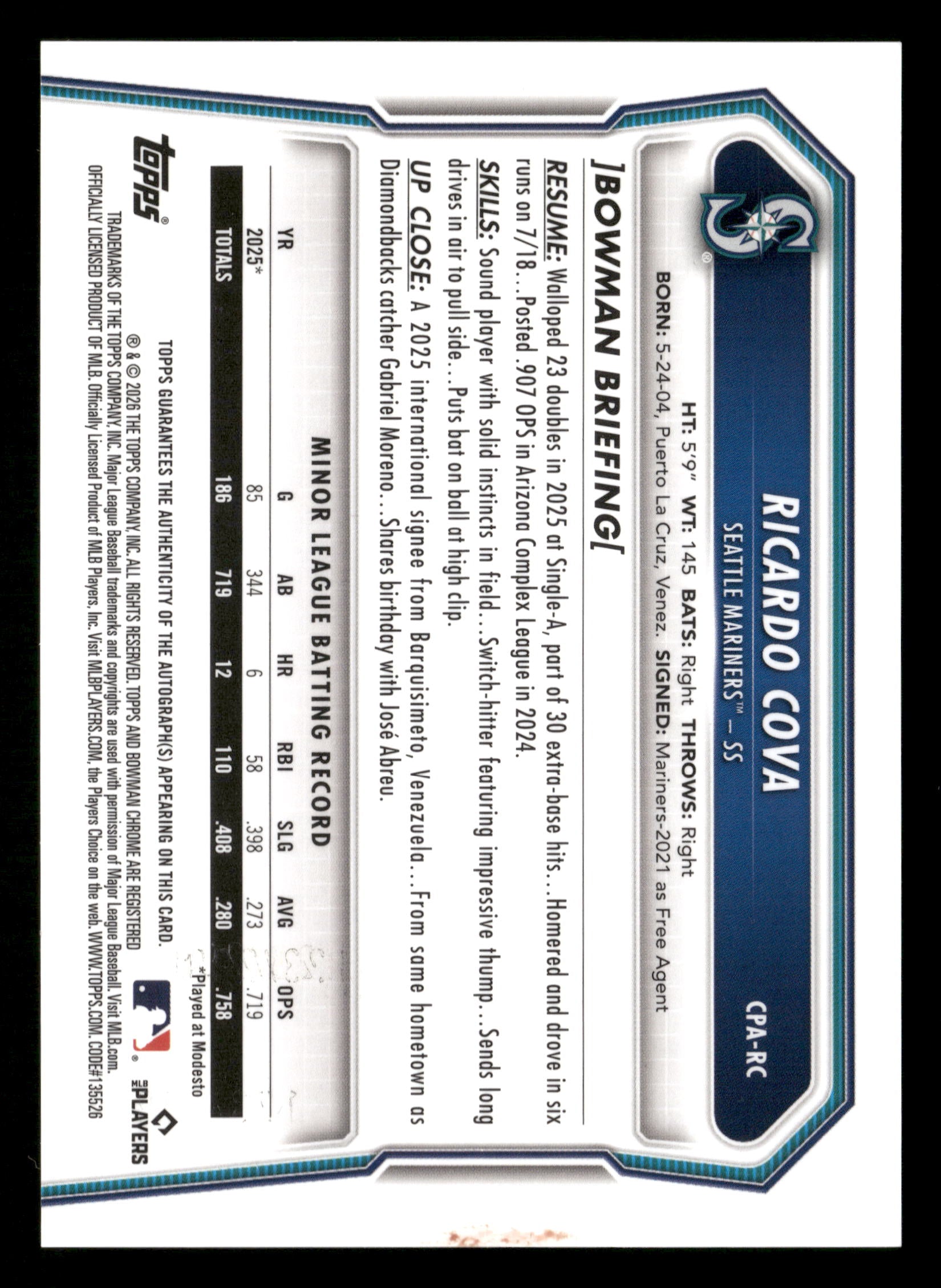 2026 Bowman #CPA-RC Ricardo Cova Chrome Prospect Auto Speckle #/299