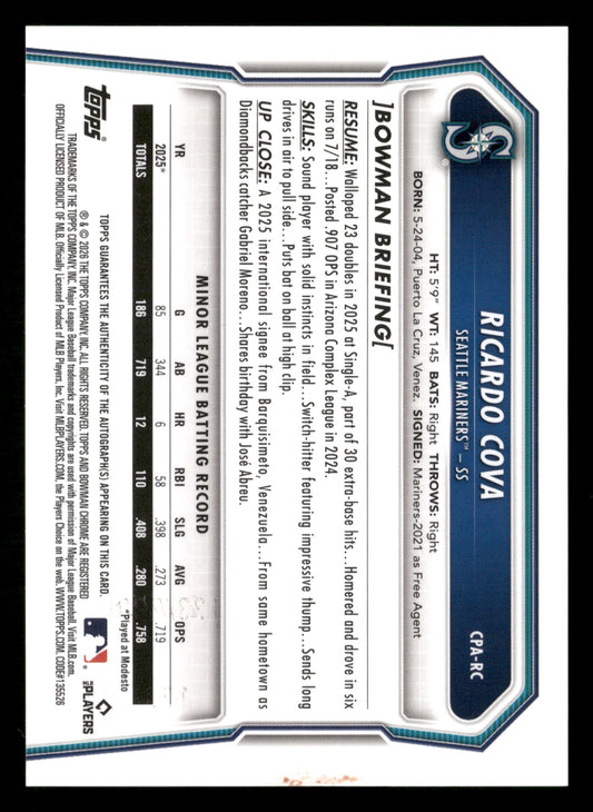 2026 Bowman #CPA-RC Ricardo Cova Chrome Prospect Auto Speckle #/299