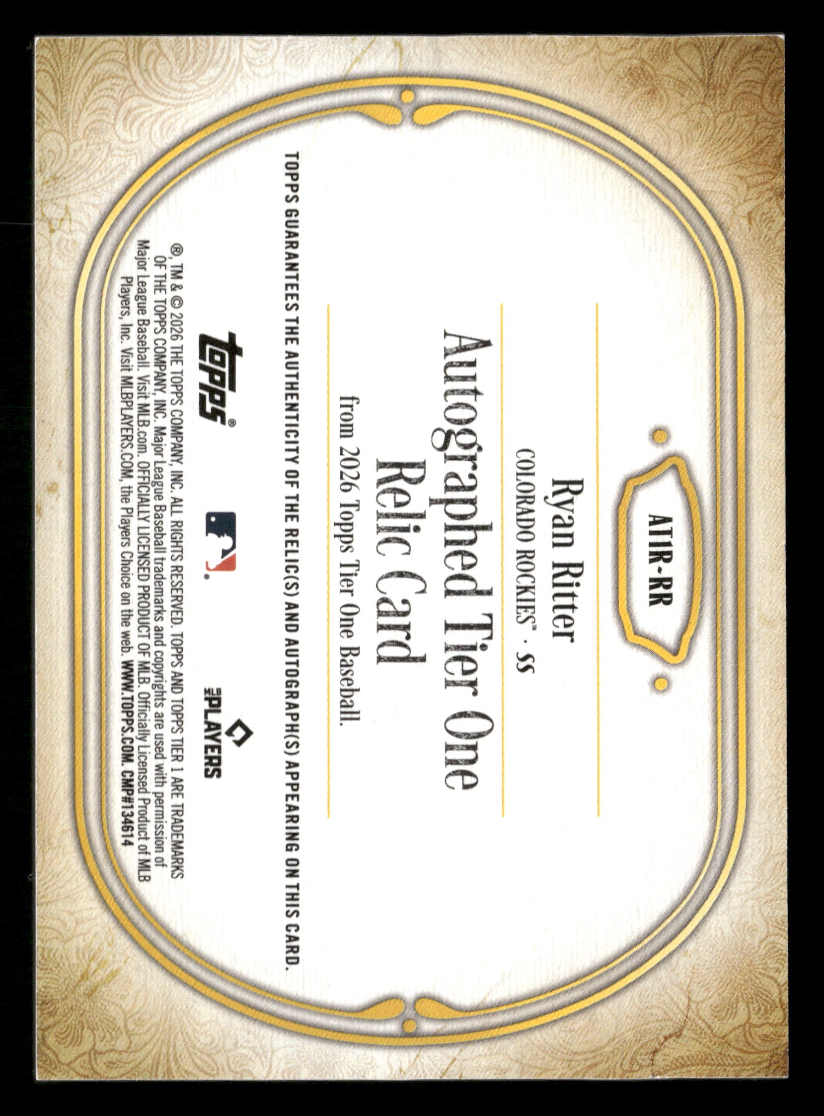 2026 Tier One #AT1R-RR Ryan Ritter Autographed Tier One Relics #/199