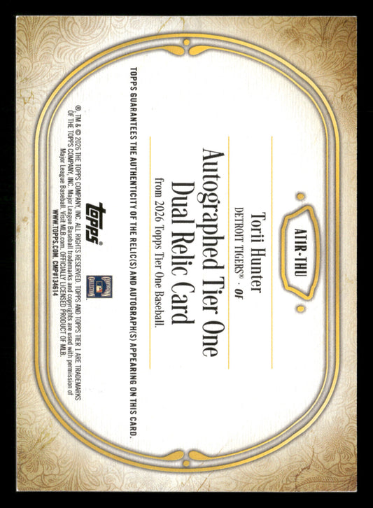 2026 Tier One #AT1R-THU Torii Hunter Tier One Autographed dual Relics Blue #/99
