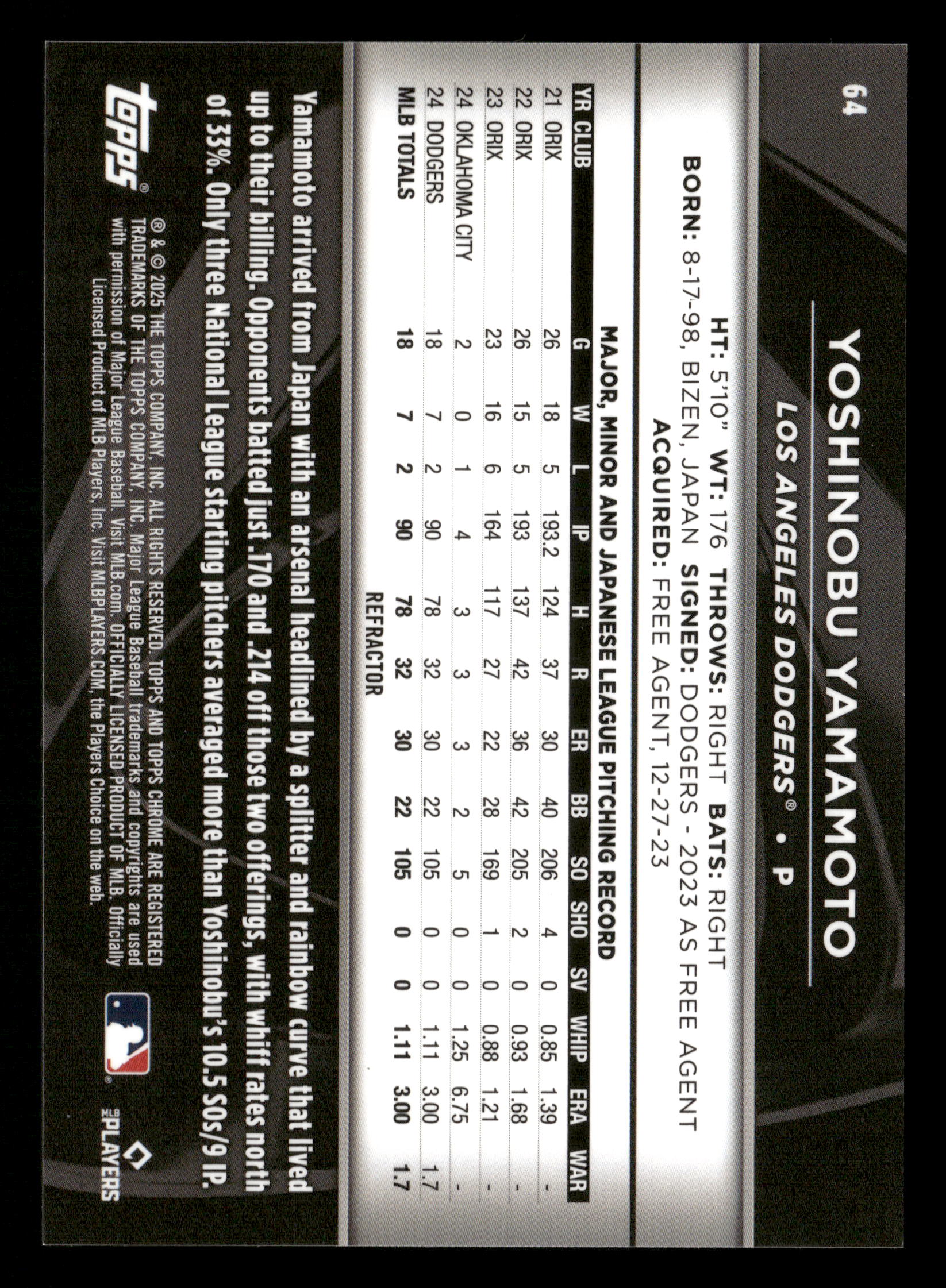 2025 Topps Chrome Black #64 Yoshinobu Yamamoto Refractors #/199