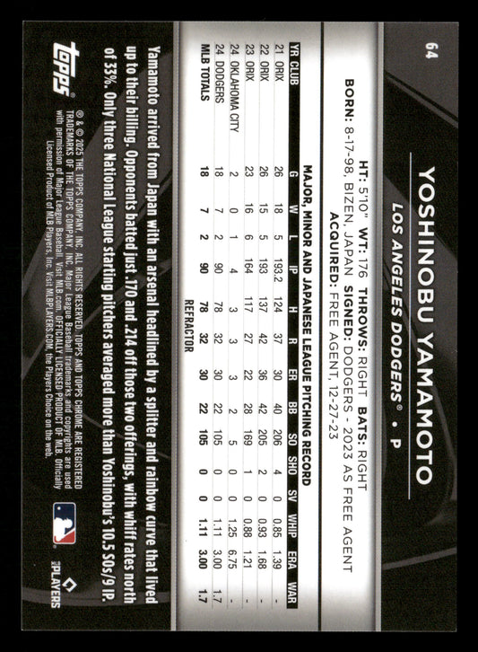 2025 Topps Chrome Black #64 Yoshinobu Yamamoto Refractors #/199