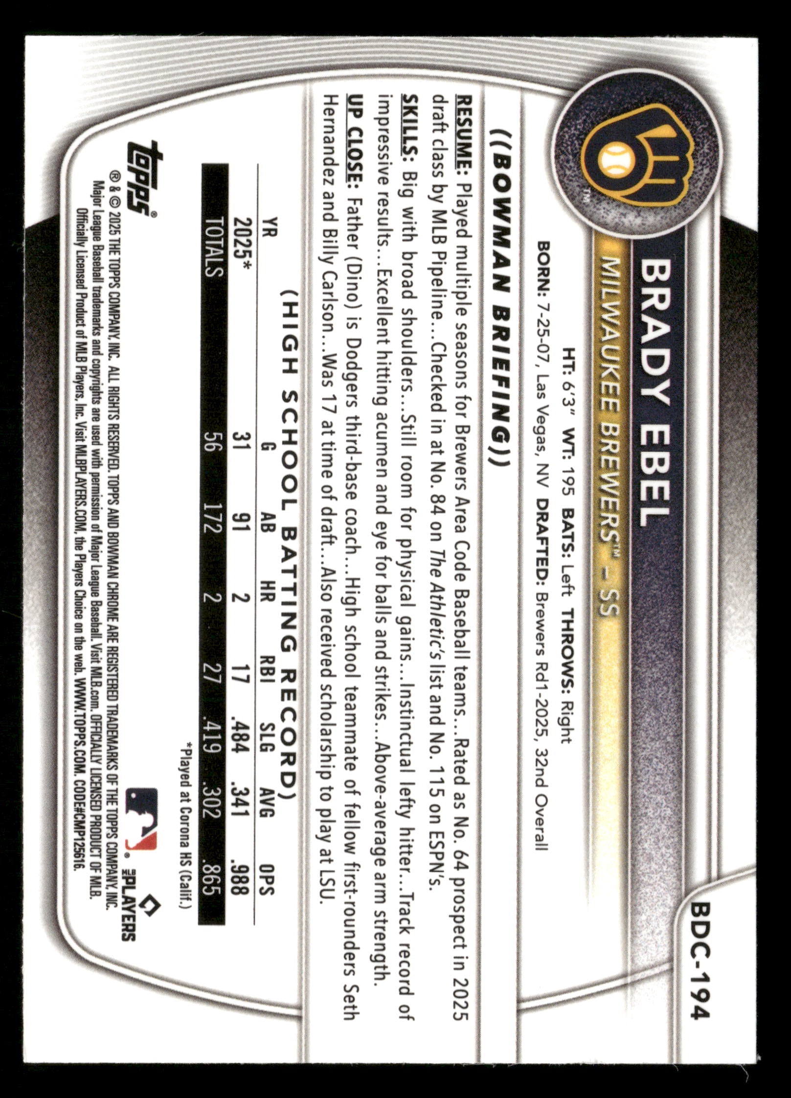 2025 Bowman Draft #BDC-194 Brady Ebel Chrome Yellow Mojo Refractor #/75