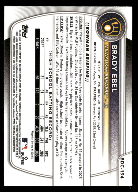 2025 Bowman Draft #BDC-194 Brady Ebel Chrome Yellow Mojo Refractor #/75