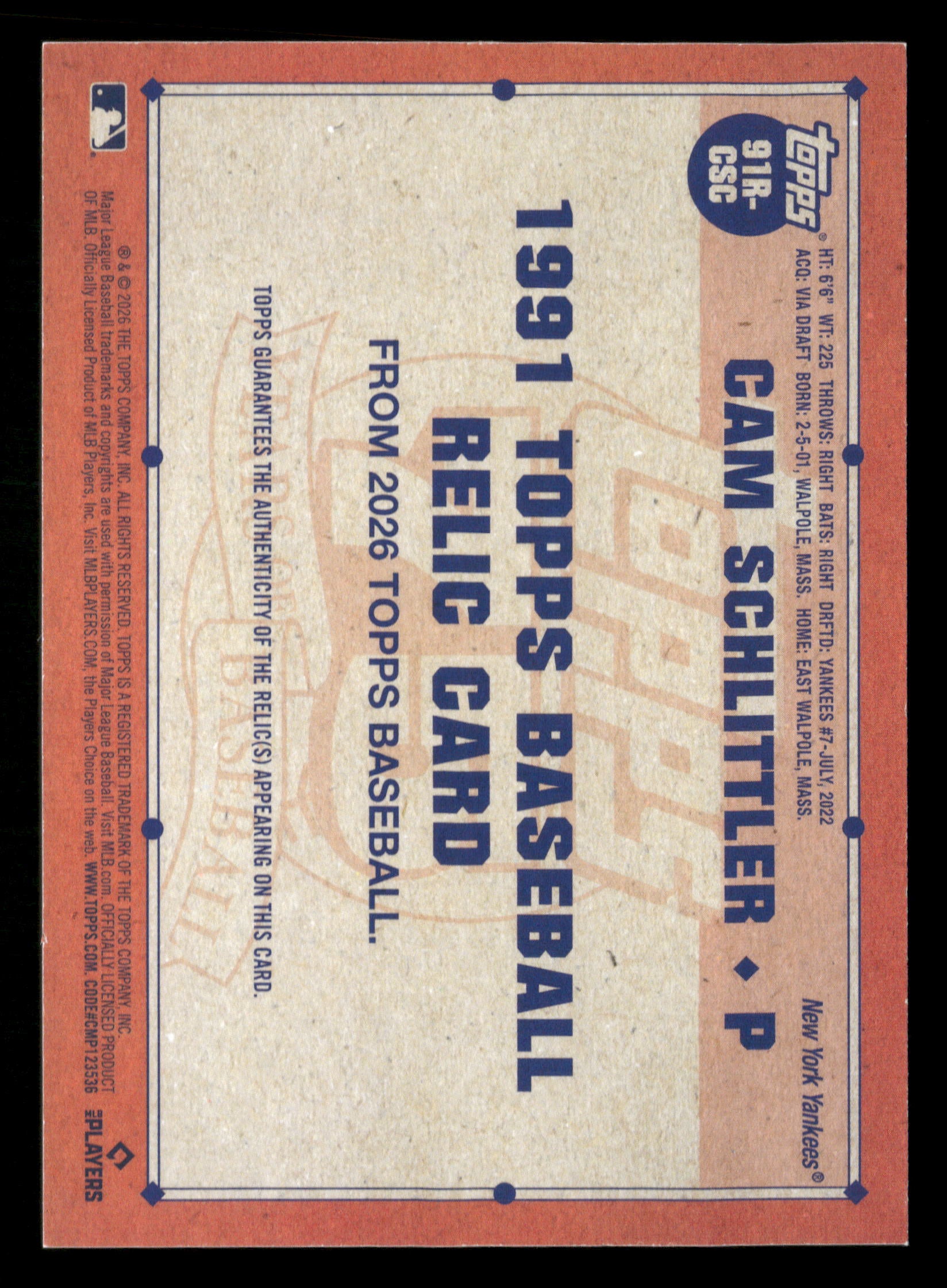 2026 Topps #91R-CSC Cam Schlittler 1991 35th Anniversary Relics (Series One)