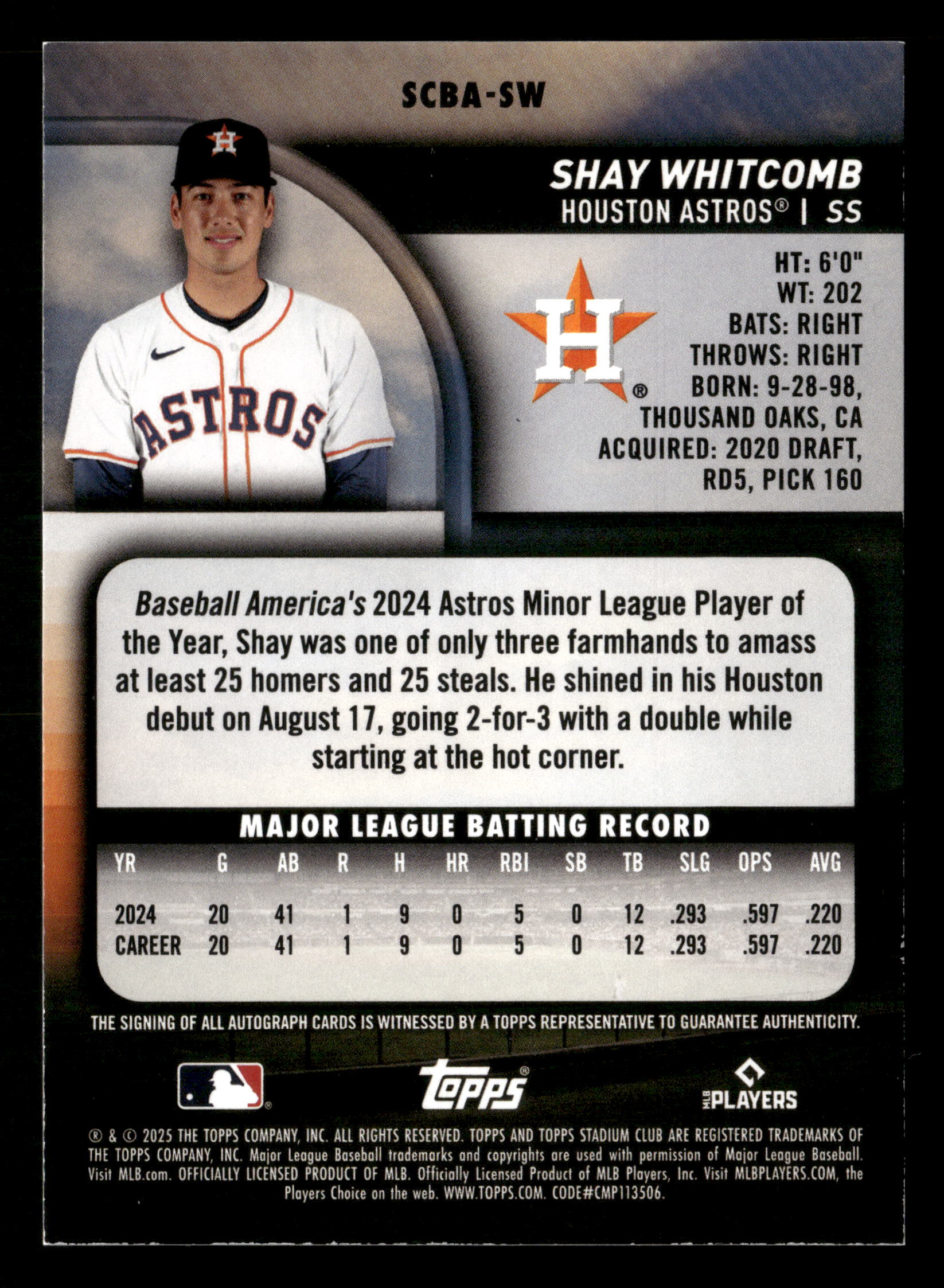 2025 Stadium Club #SCBA-SW Shay Whitcomb Base Autographs