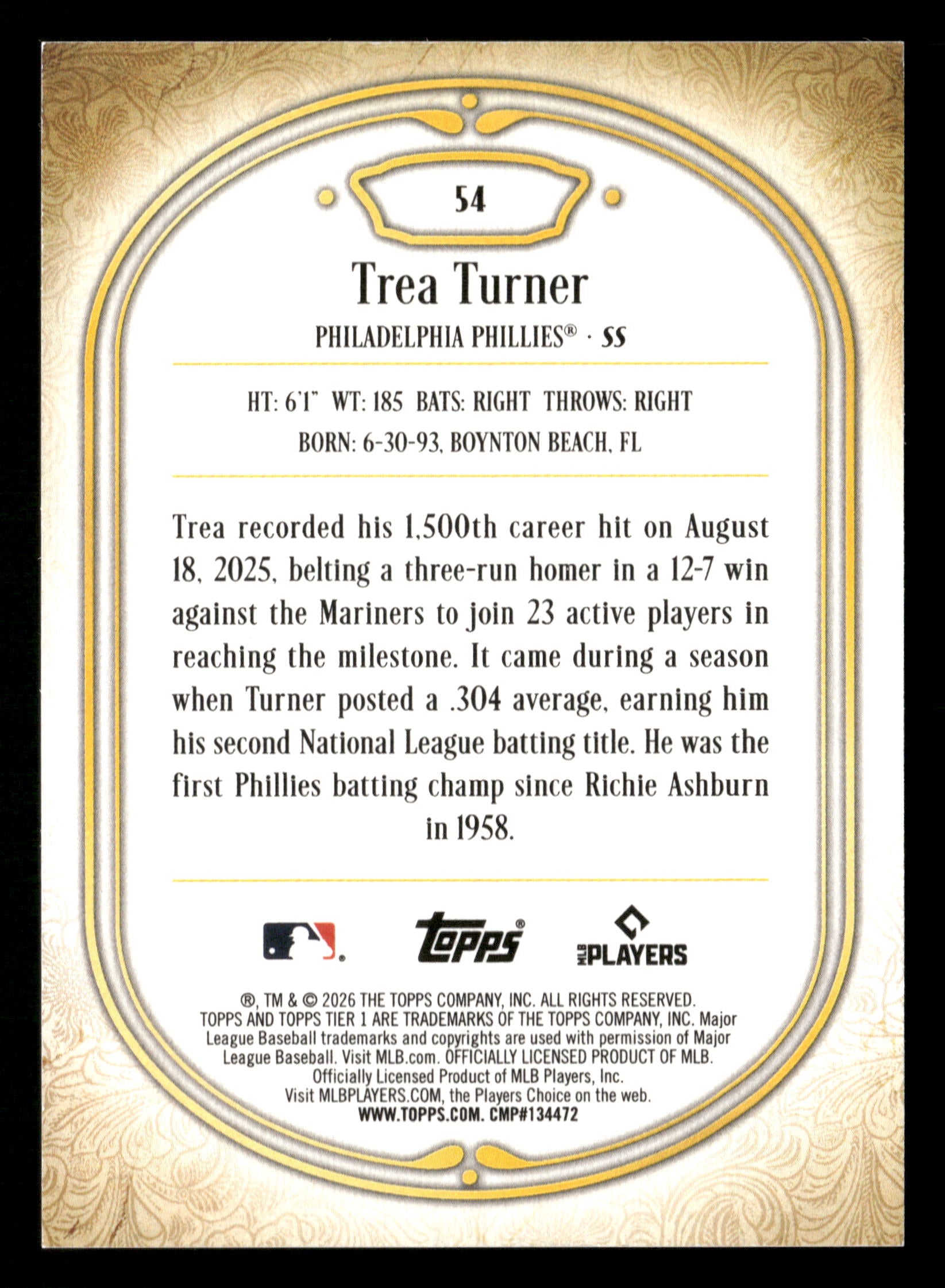 2026 Topps Tier One #54 Trea Turner Purple #/75
