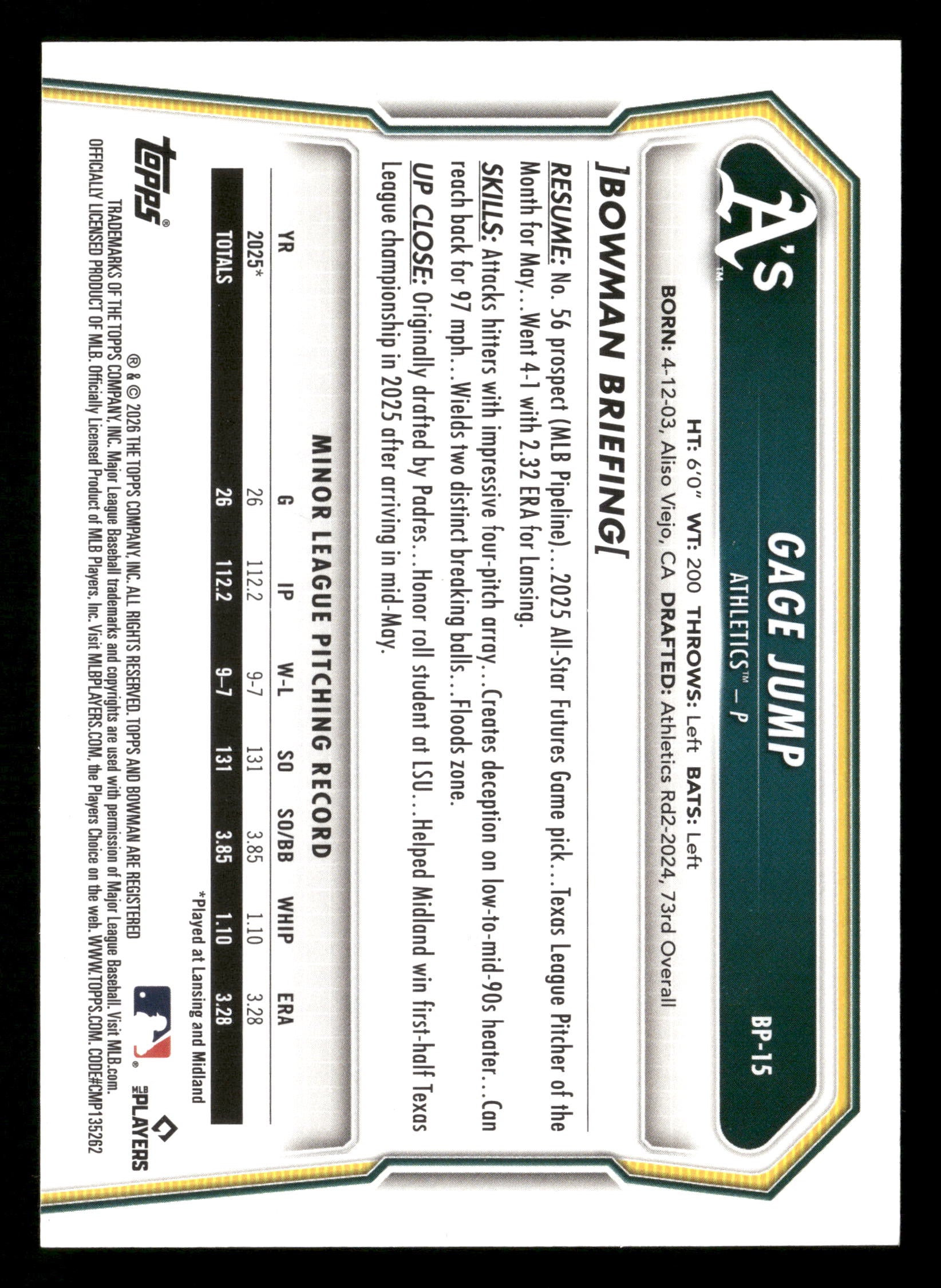 2026 Bowman #BP-15 Gage Jump Prospects Gold Pattern #/50
