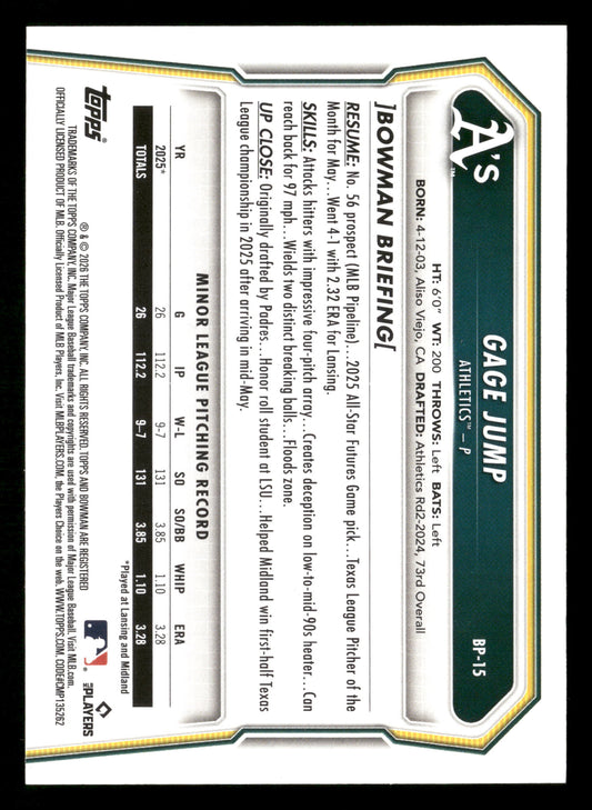 2026 Bowman #BP-15 Gage Jump Prospects Gold Pattern #/50