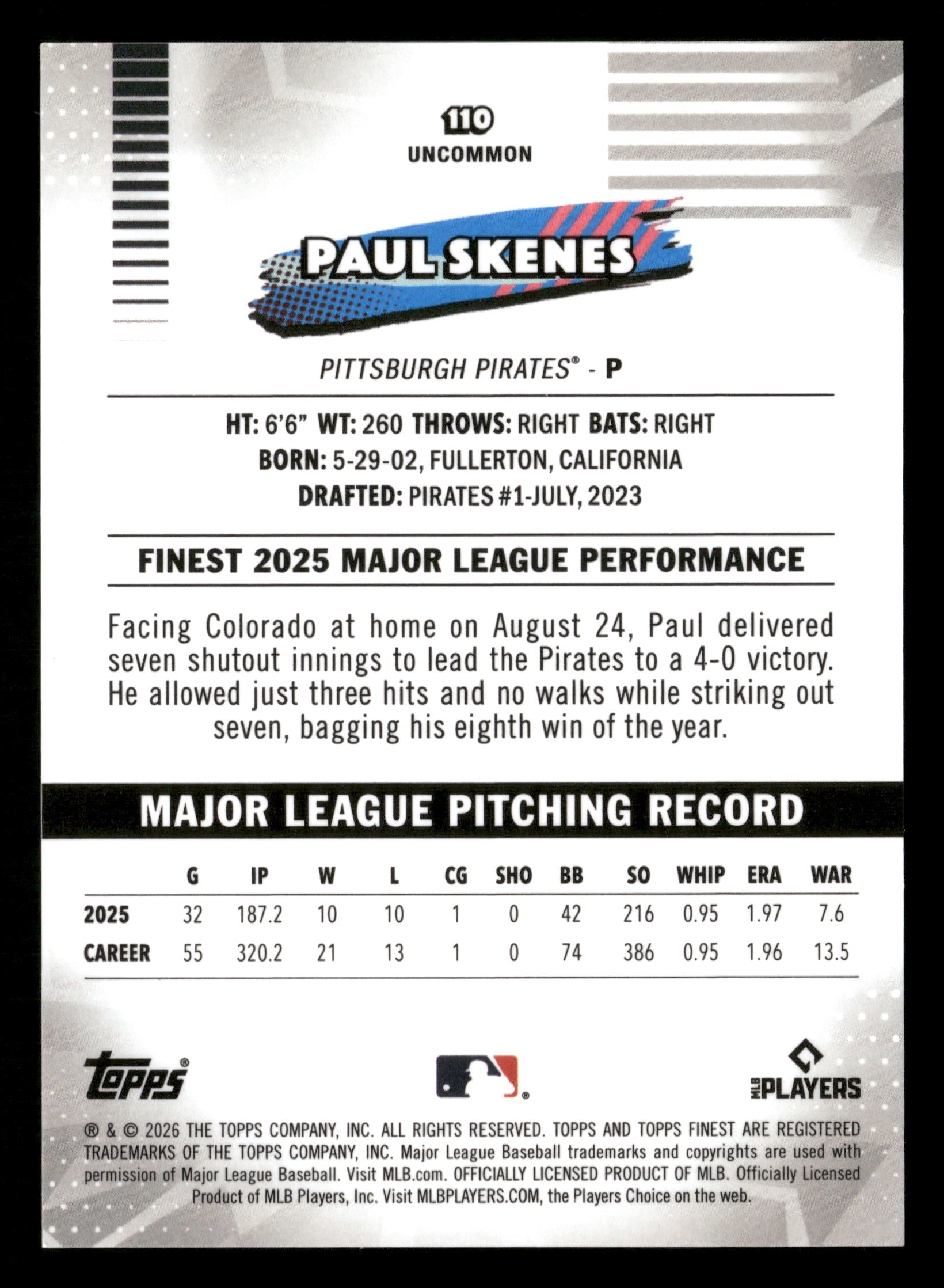 2026 Finest #110 Paul Skenes Purple Refractors #/75