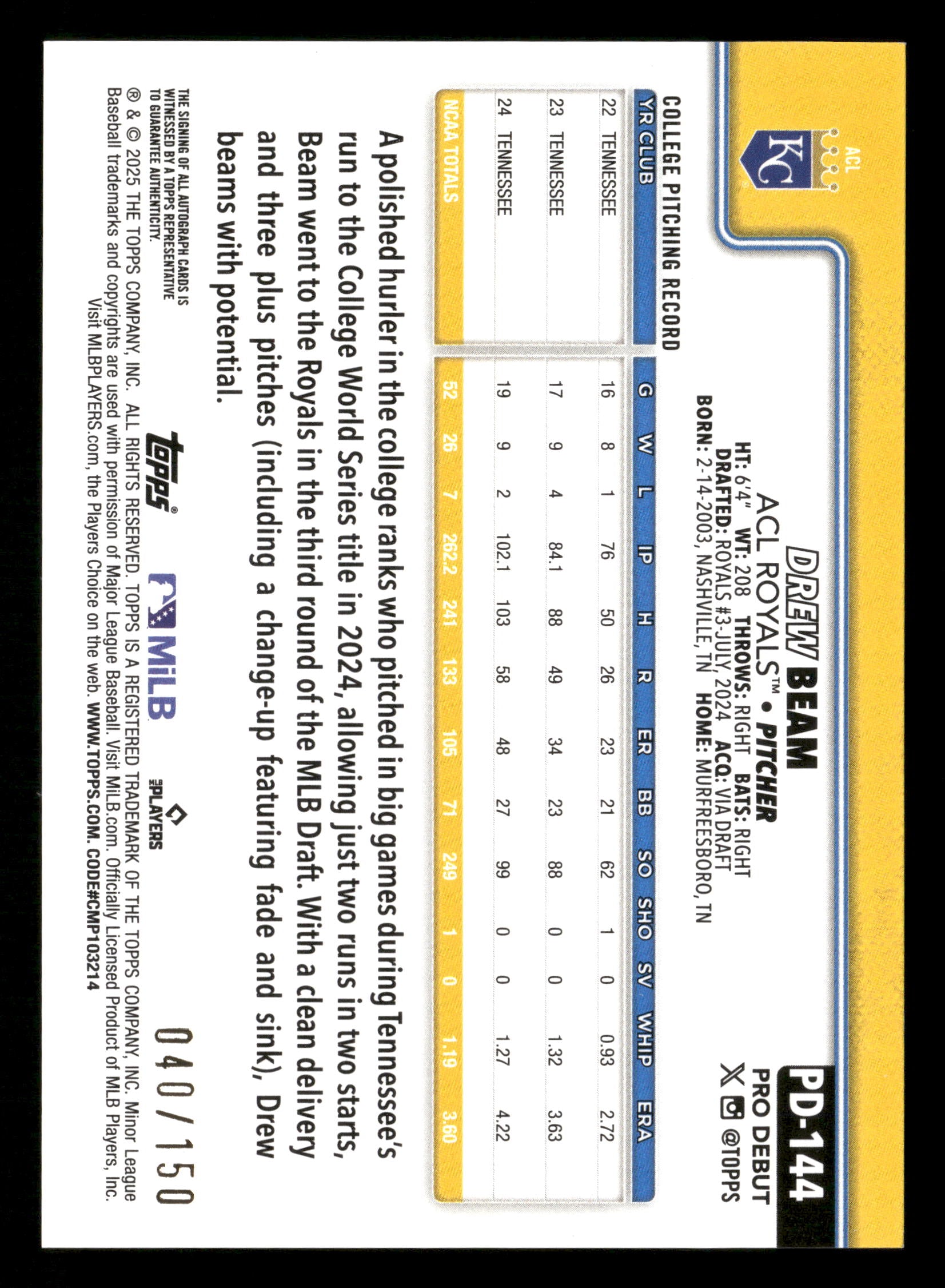 2025 Topps Pro Debut #PD-144 Drew Beam Blue Foil #/150