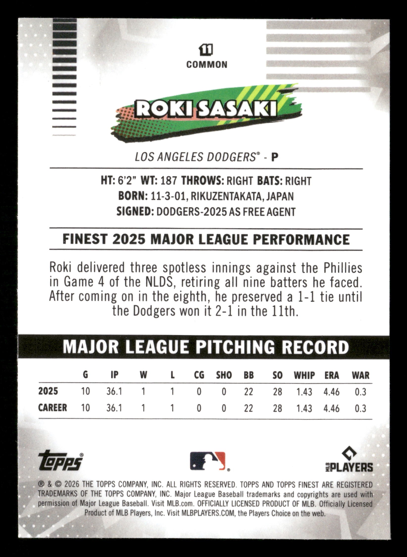 2026 Finest #11 Roki Sasaki Aqua Refractors #/199