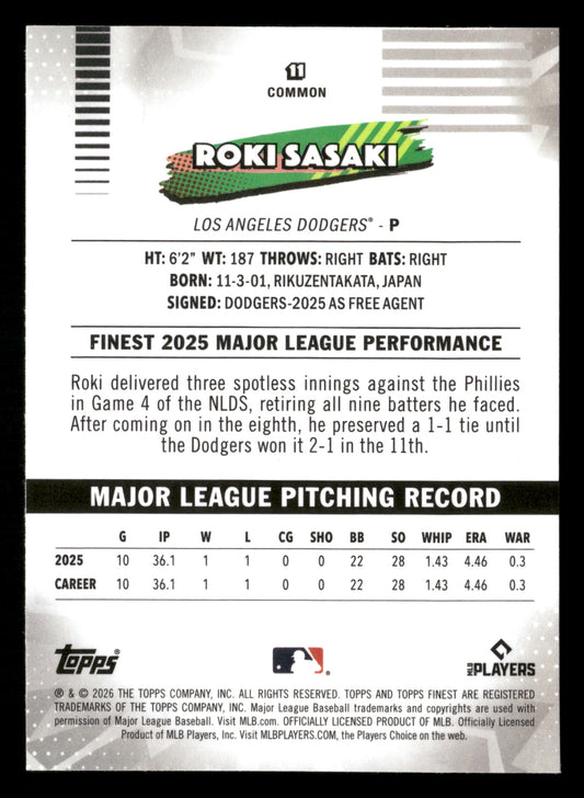 2026 Finest #11 Roki Sasaki Aqua Refractors #/199