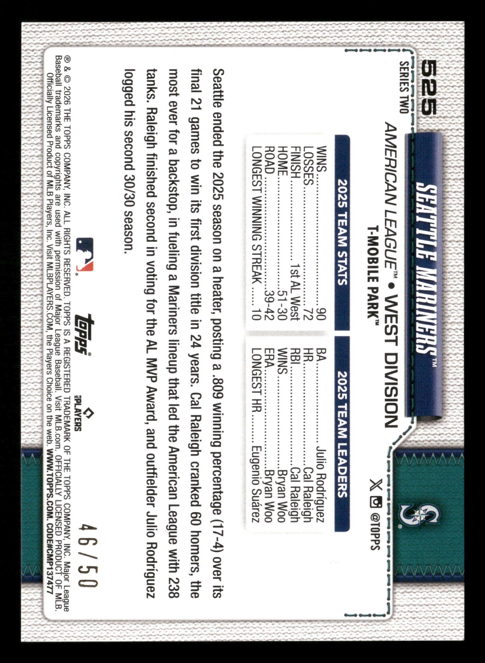 2026 Topps #525 Seattle Mariners Gold Sandglitter #/50