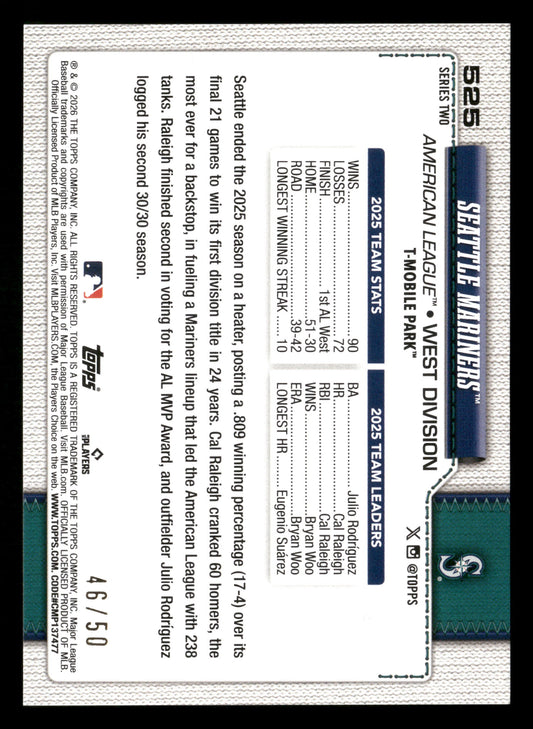 2026 Topps #525 Seattle Mariners Gold Sandglitter #/50