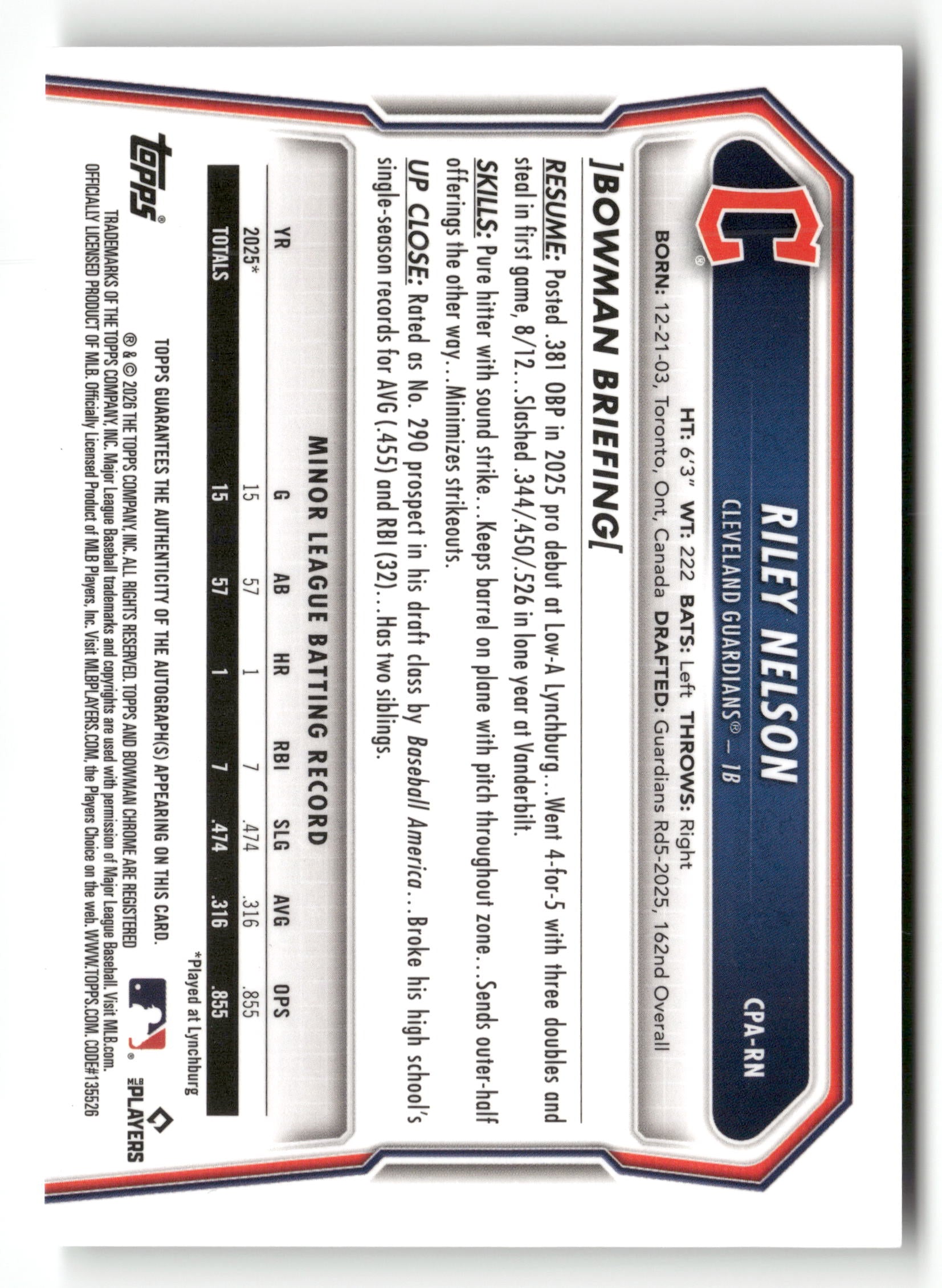 2026 Bowman #CPA-RN Riley Nelson Chrome Prospect Autographs