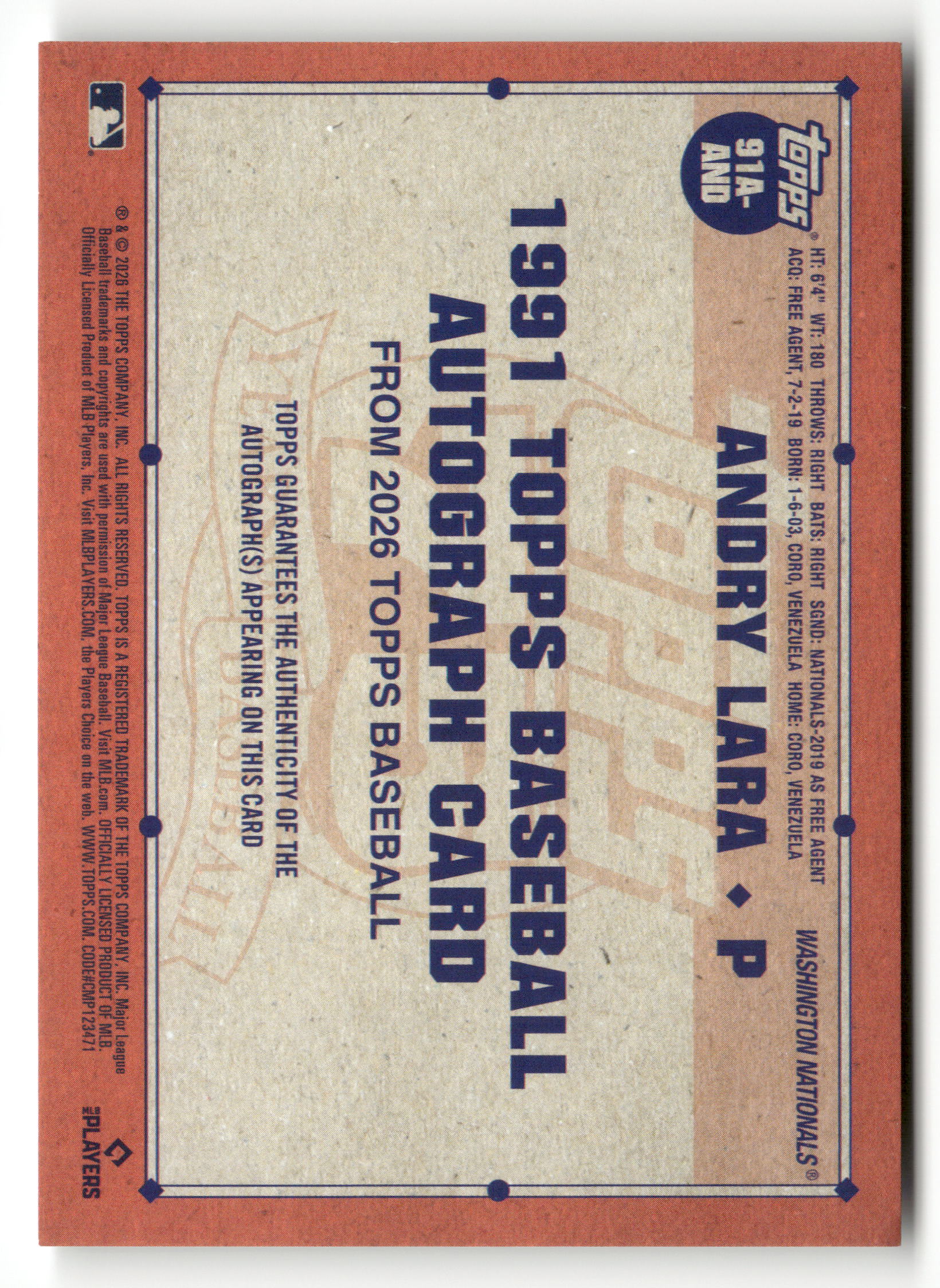 2026 Series 2 #91A-AND Andry Lara 1991 Topps Baseball 35th Anniversary Auto