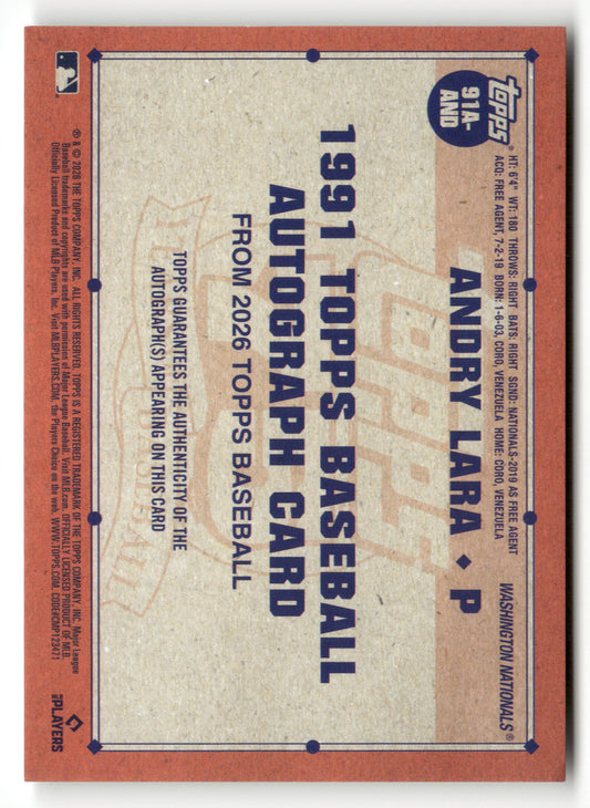 2026 Series 2 #91A-AND Andry Lara 1991 Topps Baseball 35th Anniversary Auto