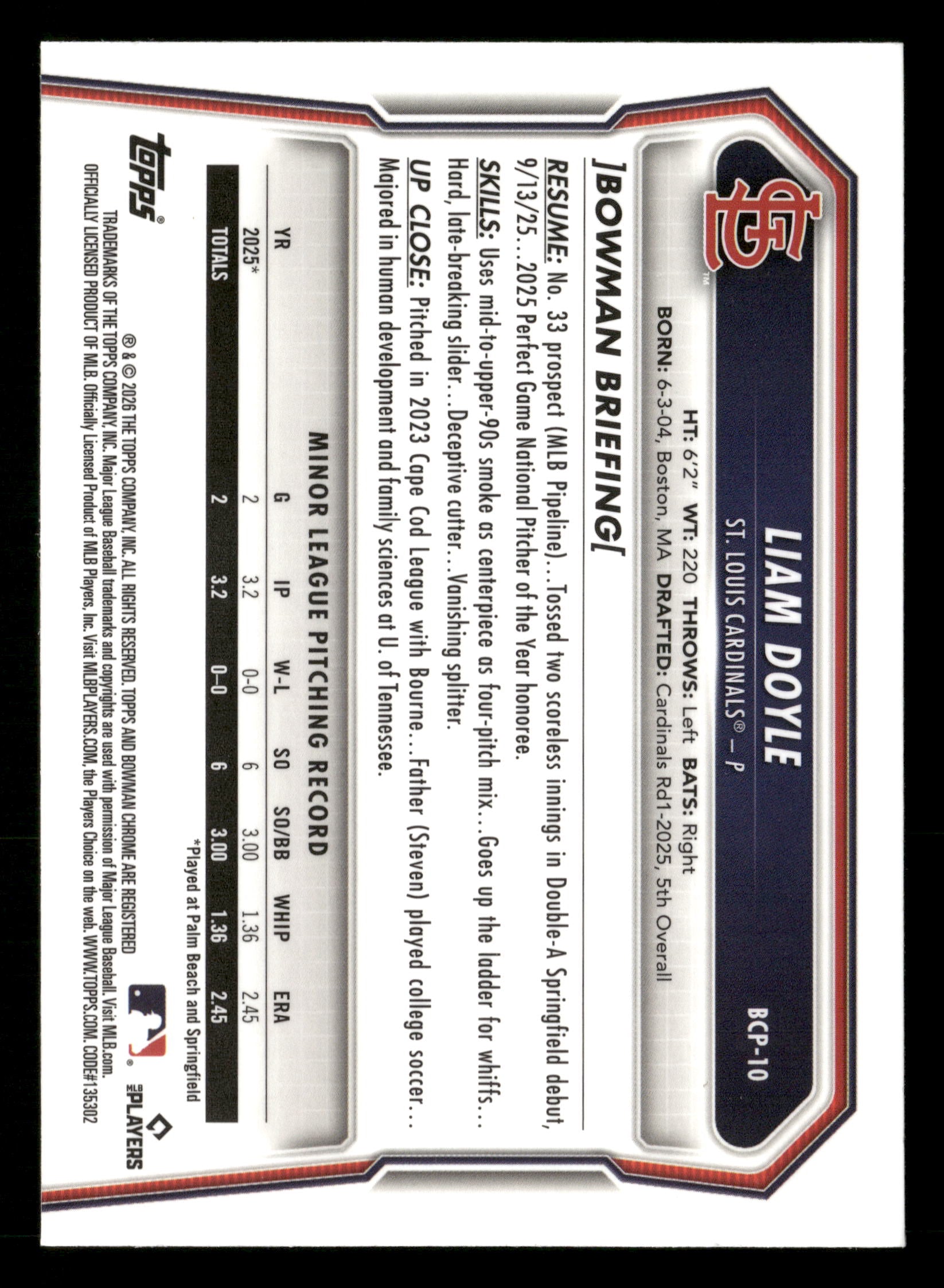 2026 Bowman #BCP-10 Liam Doyle Chrome Prospects Reptilian Green Refractor #/99