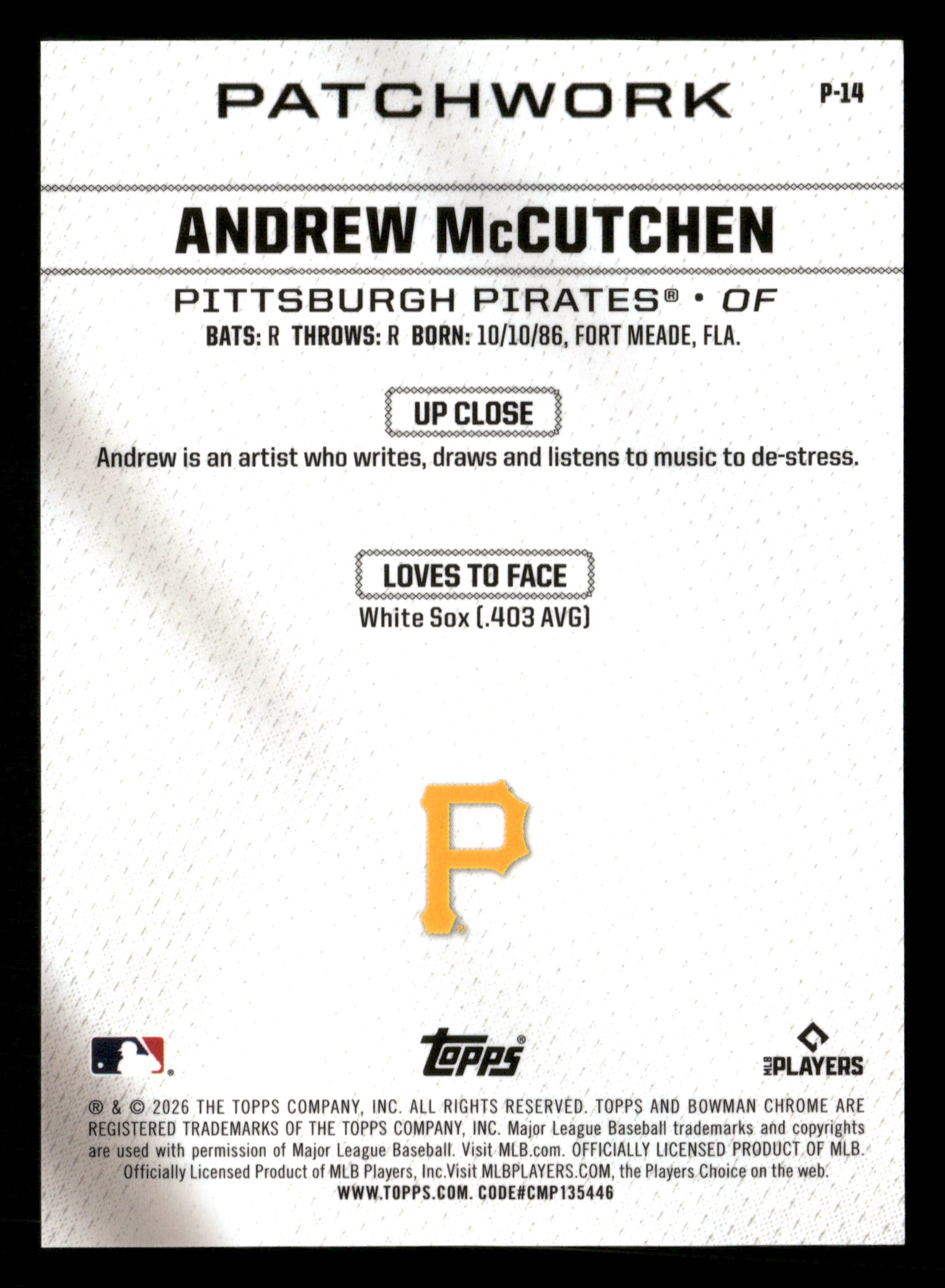2026 Bowman #P-14 Andrew Mccutchen Patchwork