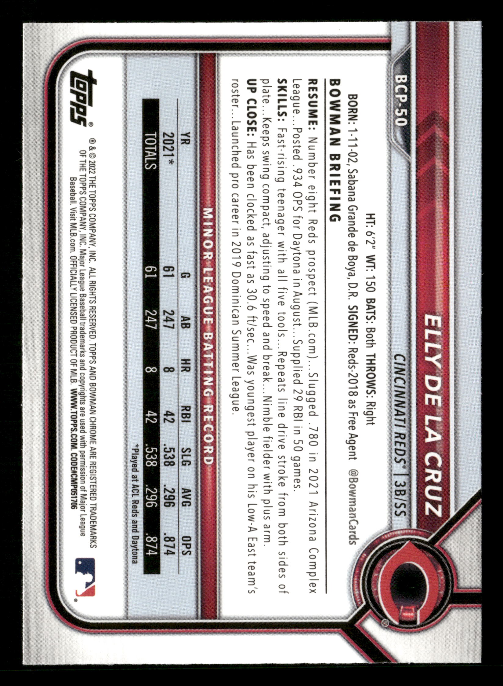 2022 Bowman #BCP-50 Elly De La Cruz Chrome Prospects Atomic Refractors