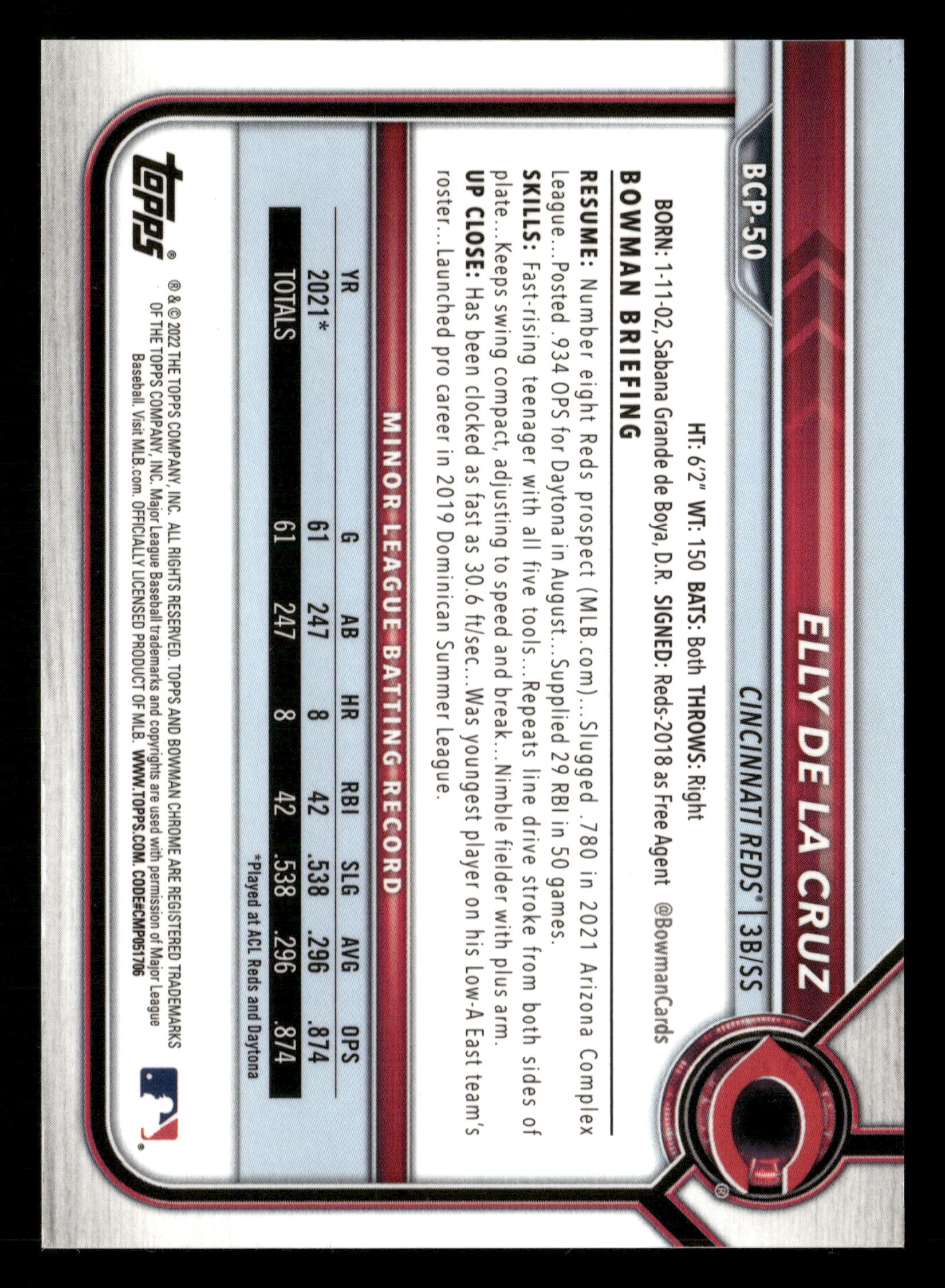 2022 Bowman #BCP-50 Elly De La Cruz Chrome Prospects Purple RayWave #/250