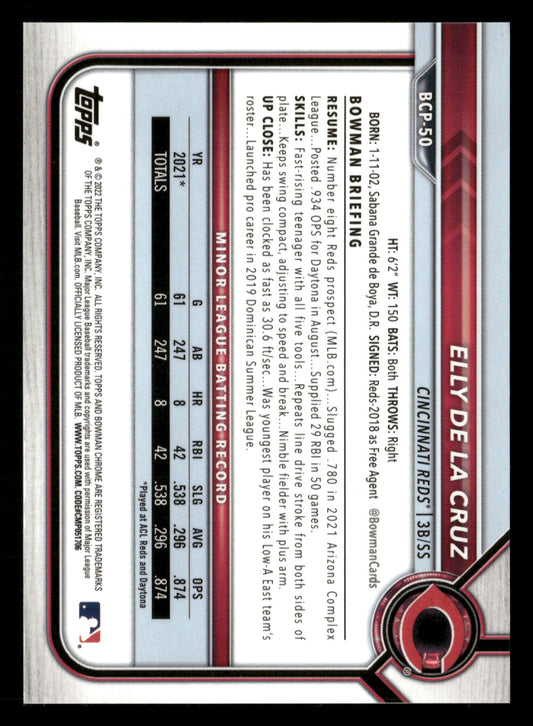 2022 Bowman #BCP-50 Elly De La Cruz Chrome Prospects Purple RayWave #/250
