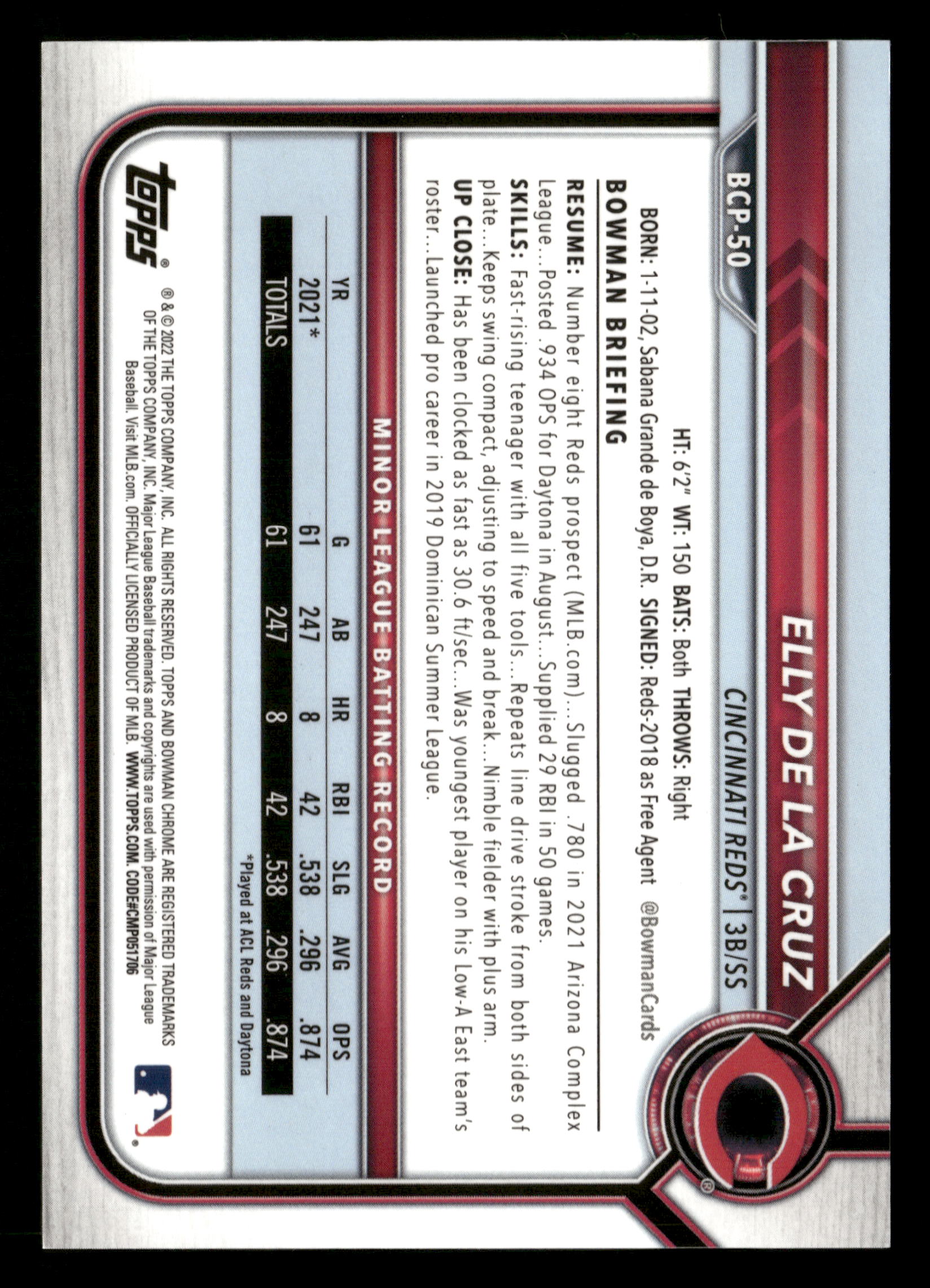 2022 Bowman #BCP-50 Elly De La Cruz Chrome Prospects Speckle Refractors #/299