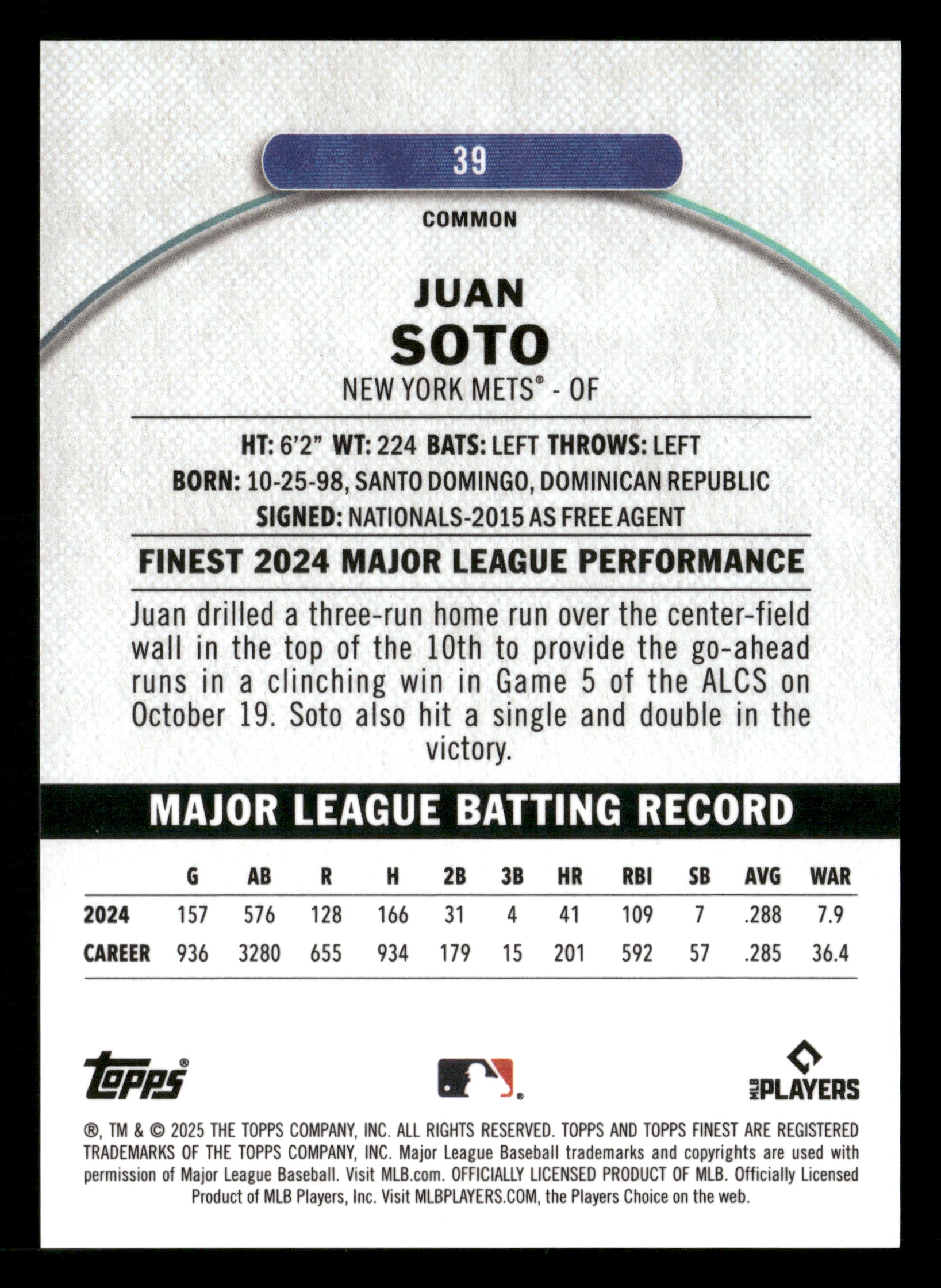 2025 Finest #39 Juan Soto Gold Refractors #/50