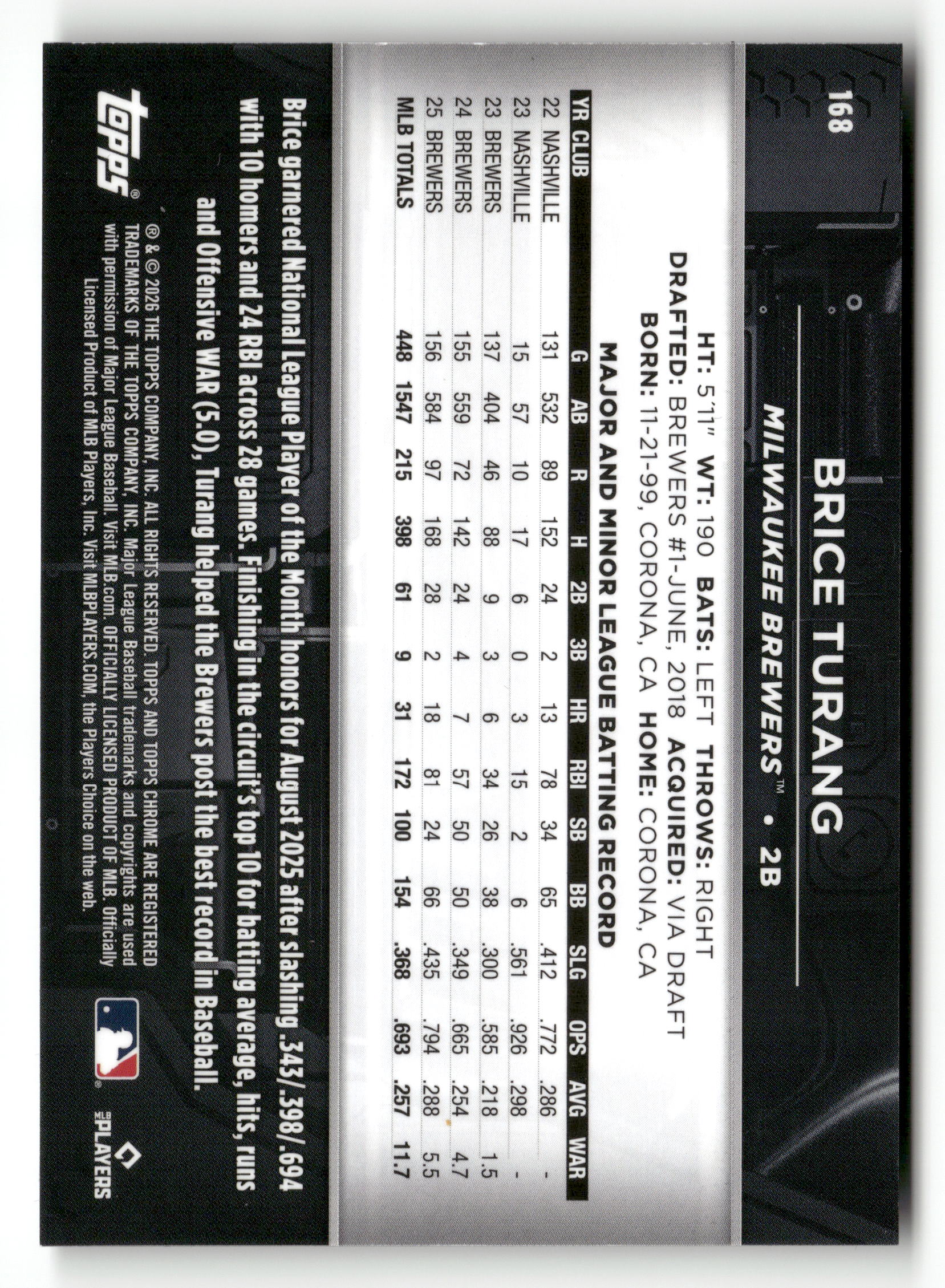 2026 Topps Chrome Black #168 Brice Turang Purple Refractors #/75