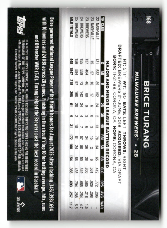 2026 Topps Chrome Black #168 Brice Turang Purple Refractors #/75