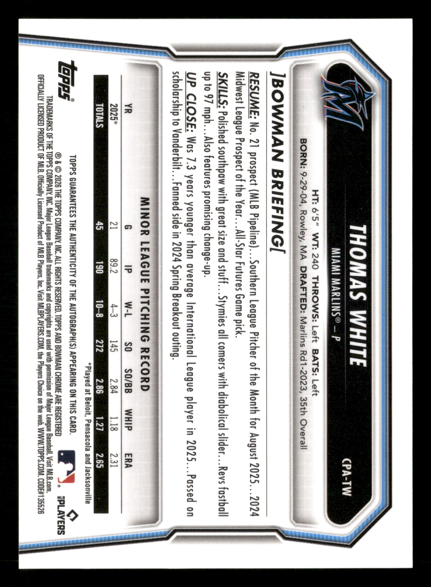 2026 Bowman #CPA-TW Thomas White Chrome Prospect Autographs HTA Choice #/150