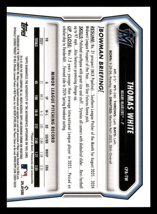 2026 Bowman #CPA-TW Thomas White Chrome Prospect Autographs HTA Choice #/150