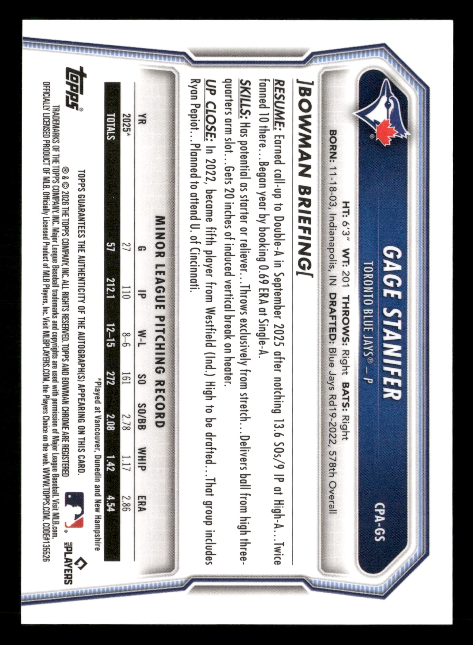 2026 Bowman #CPA-GS Gage Stanifer Chrome Prospect Autographs