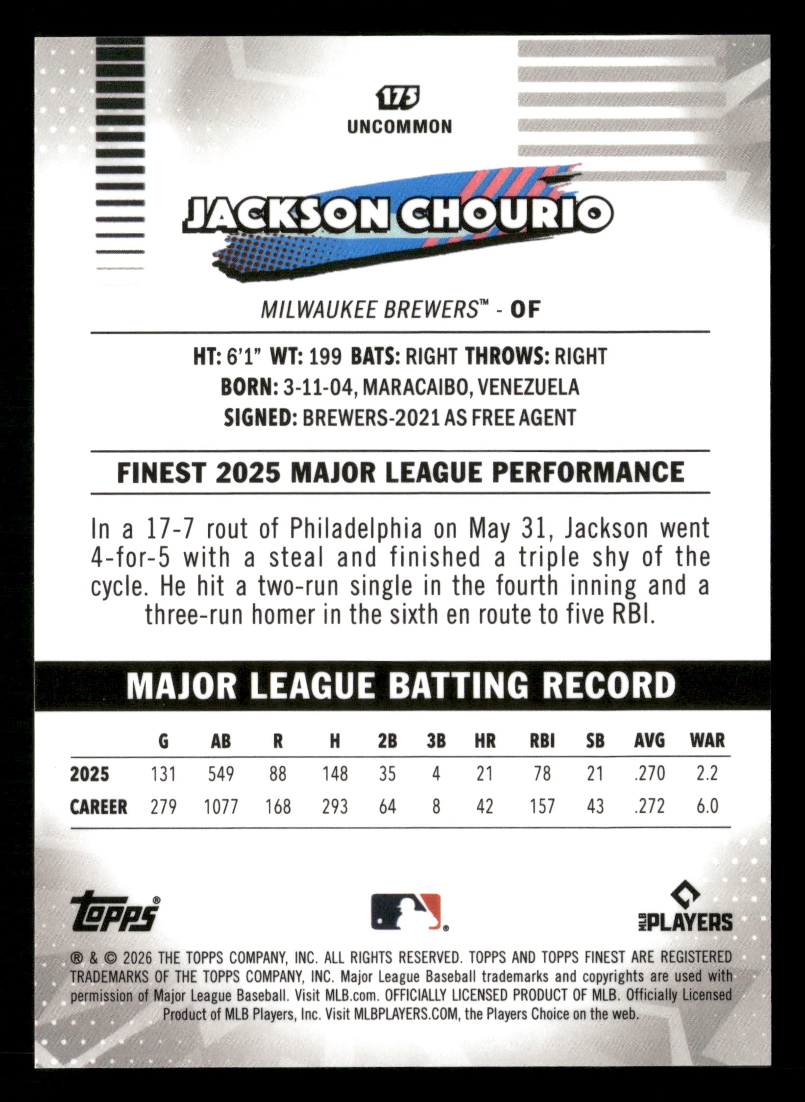 2026 Finest #175 Jackson Chourio White X-Fractors #/30