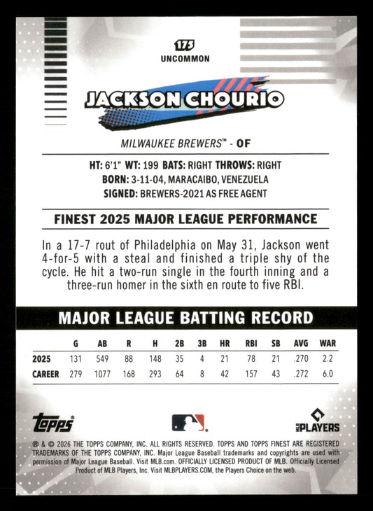 2026 Finest #175 Jackson Chourio White X-Fractors #/30