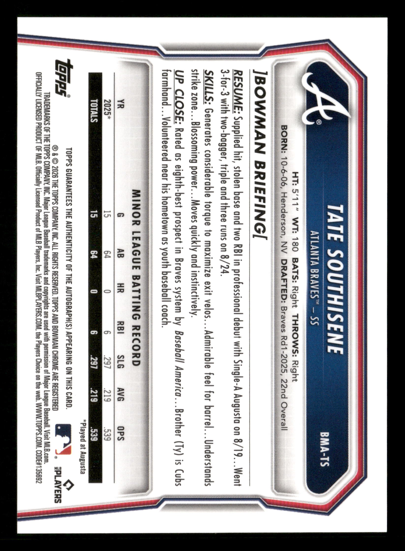 2026 Bowman #BMA-TS Tate Southisene Chrome Autographs Mojo Refractors